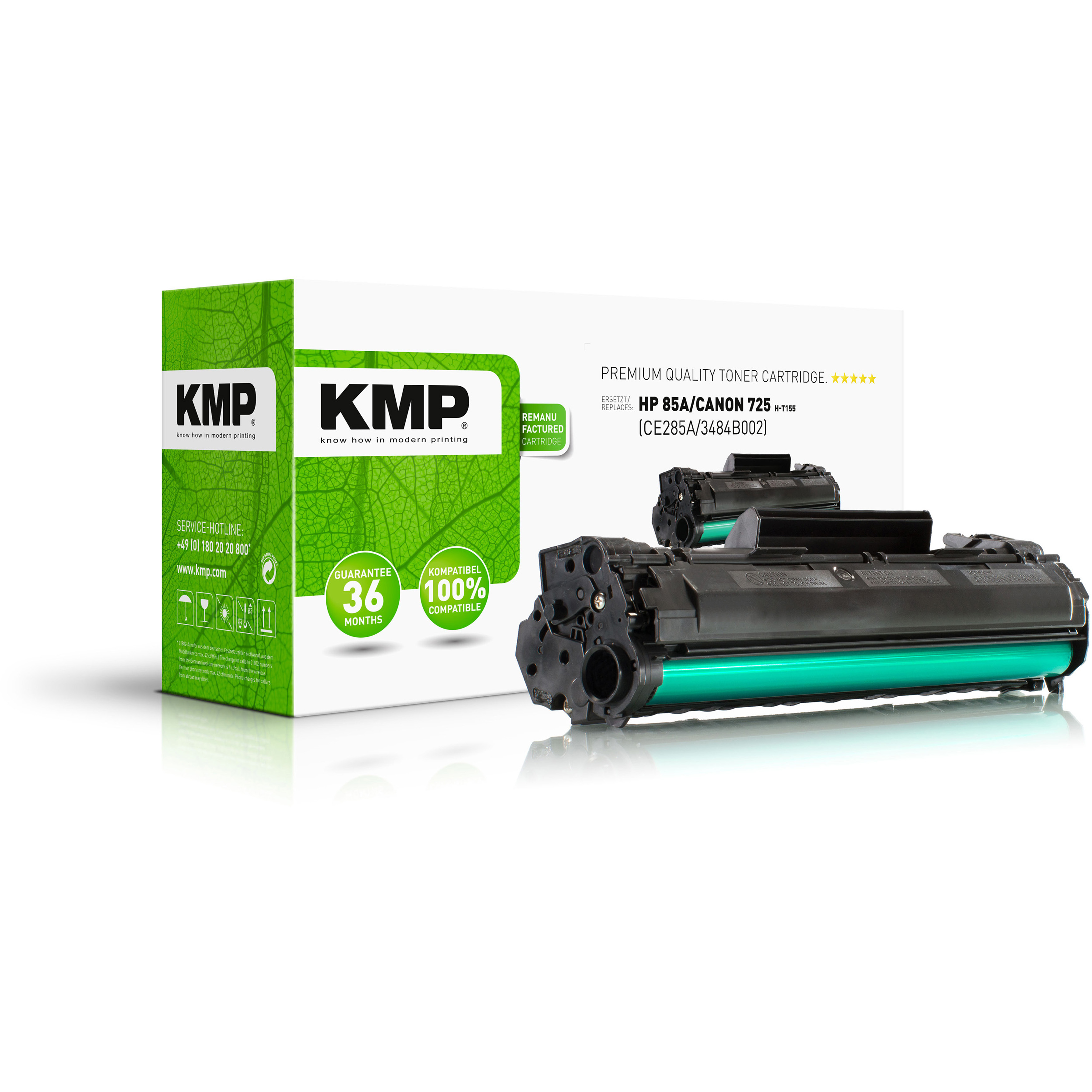 Cartucho de impresora con caja, 'KMP', 'Premium Quality Toner Cartridge' y 'HP 85A/CANON 725'.