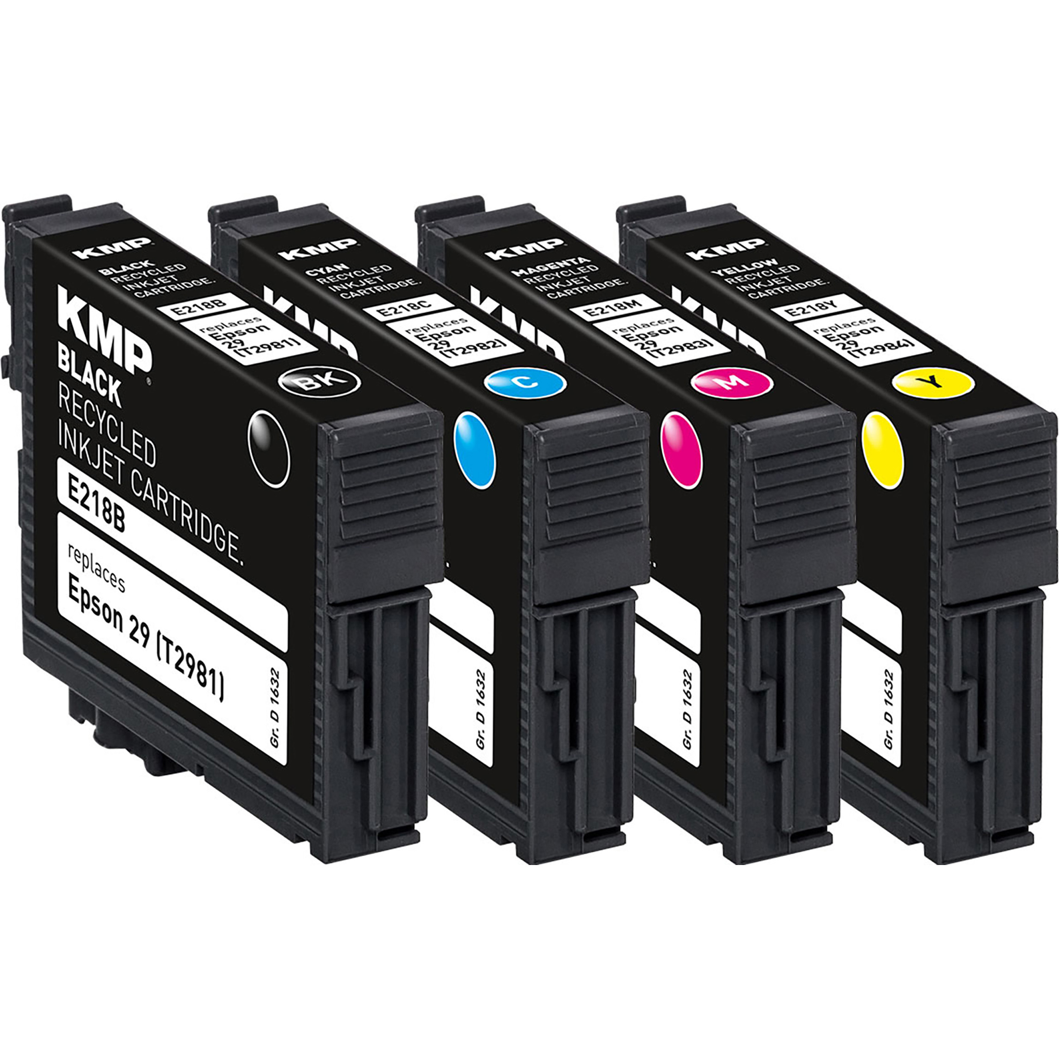 Vier schwarze Tintenpatronen mit farbigen Etiketten: Schwarz, Cyan, Magenta und Gelb.
