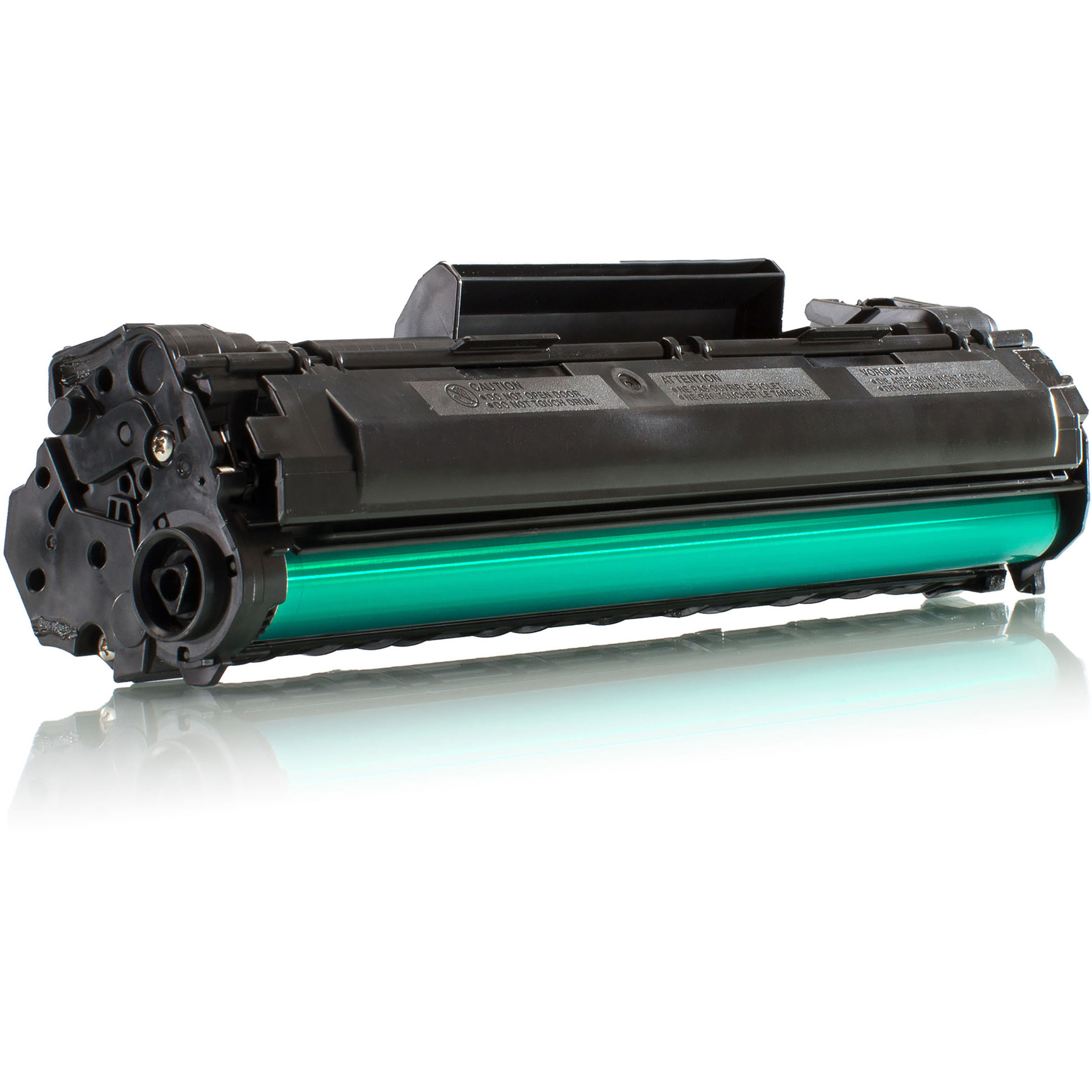 Cartuccia toner per stampante nera con componente verde e superficie riflettente.