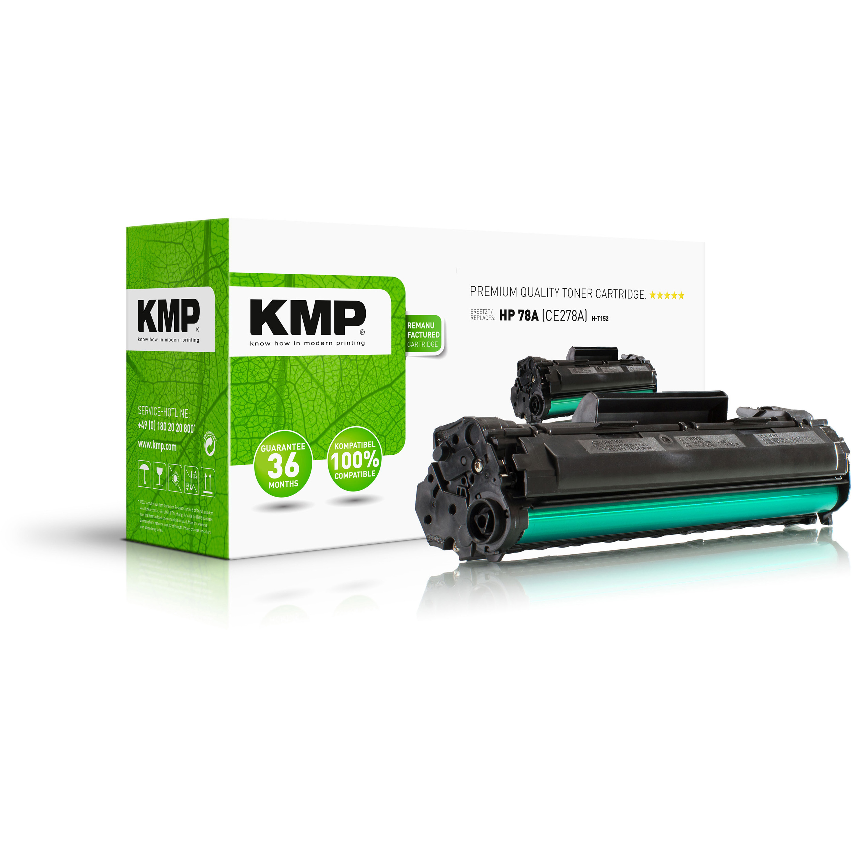 Scatola e cartuccia toner. La scatola ha il logo verde KMP e testo. La cartuccia è nera e verde.