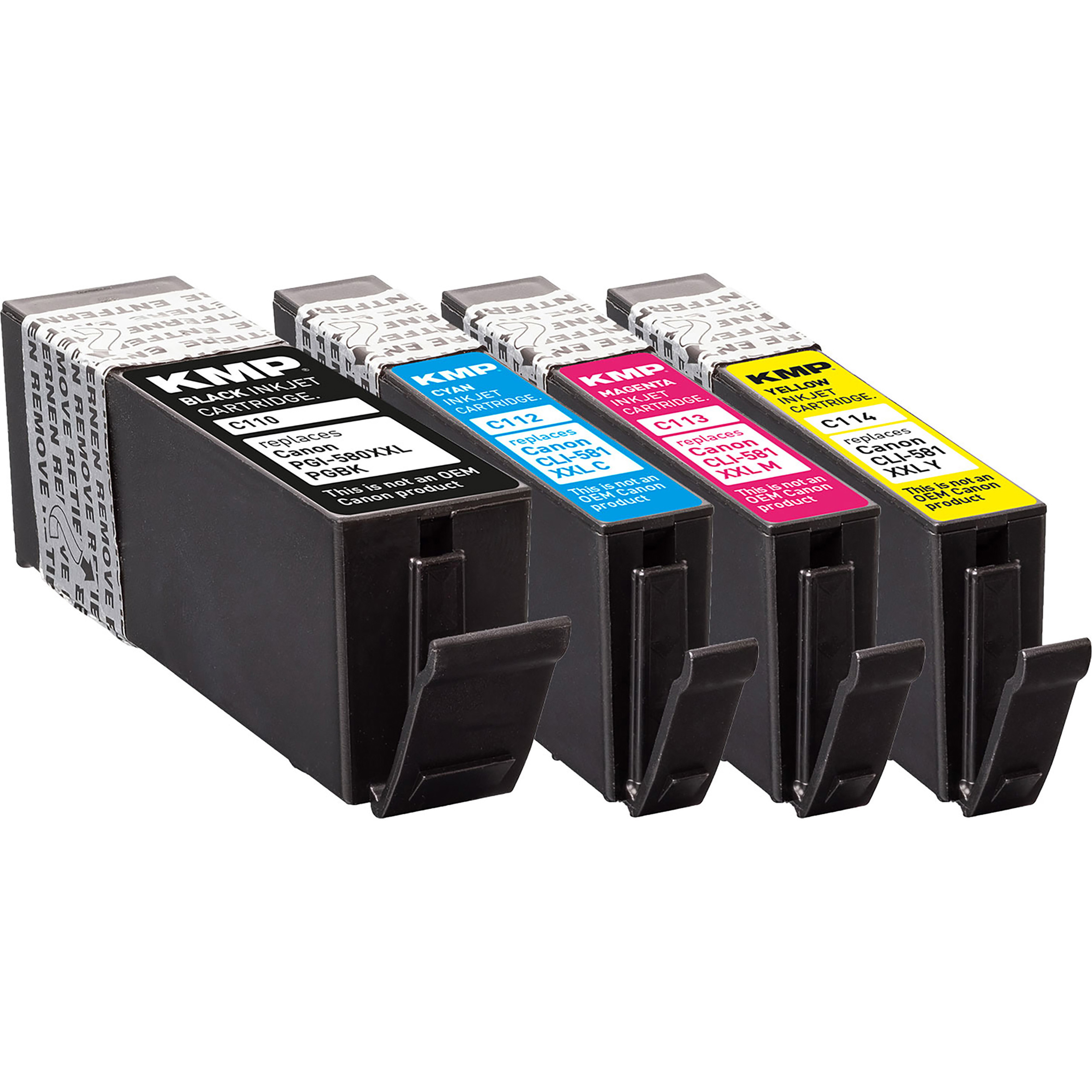 Quattro cartucce a getto d'inchiostro nere KMP nei colori nero, ciano, magenta e giallo.