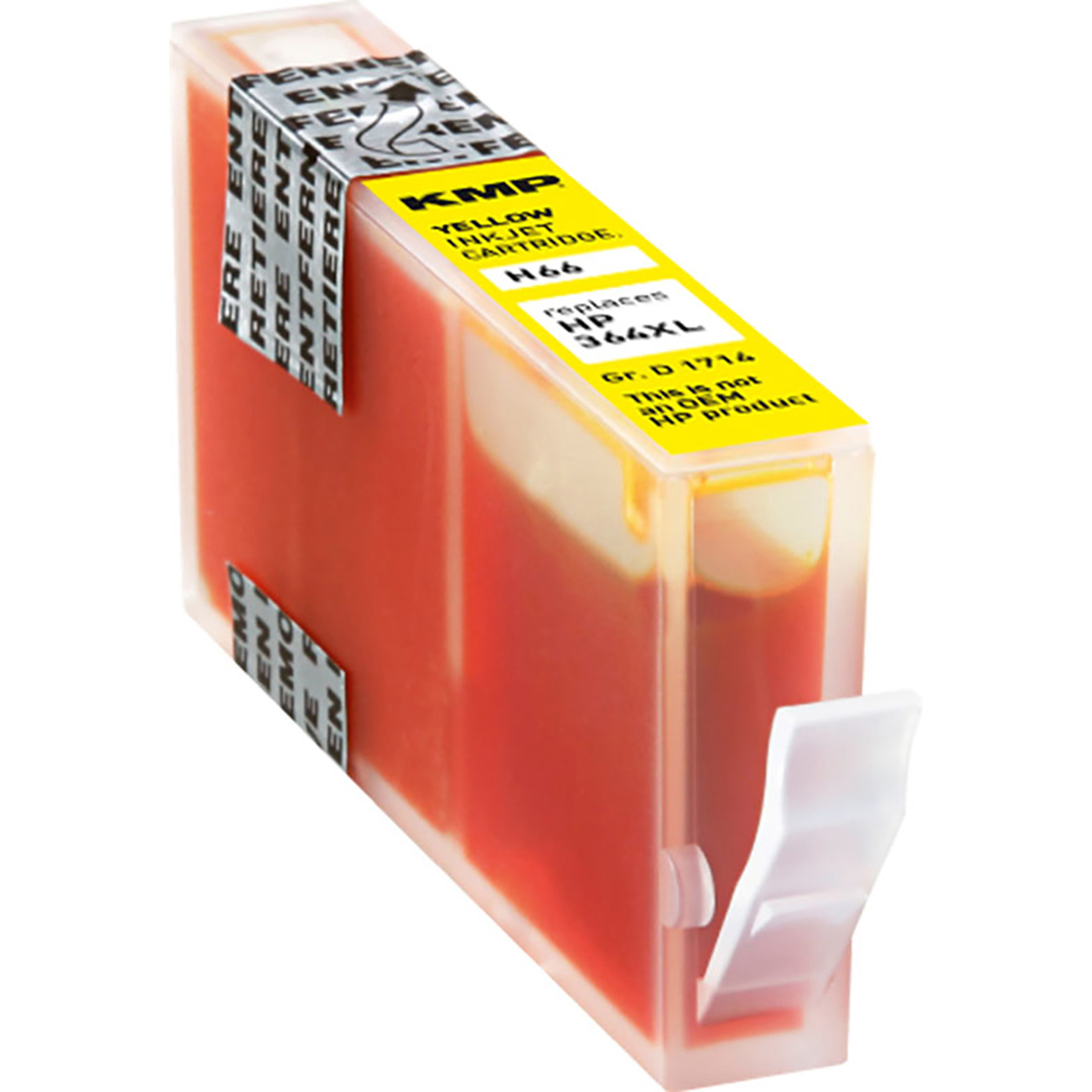 Eine gelbe Tintenstrahlpatrone mit gelbem Etikett. Auf dem Etikett steht 'ersetzt HP 344XL'.