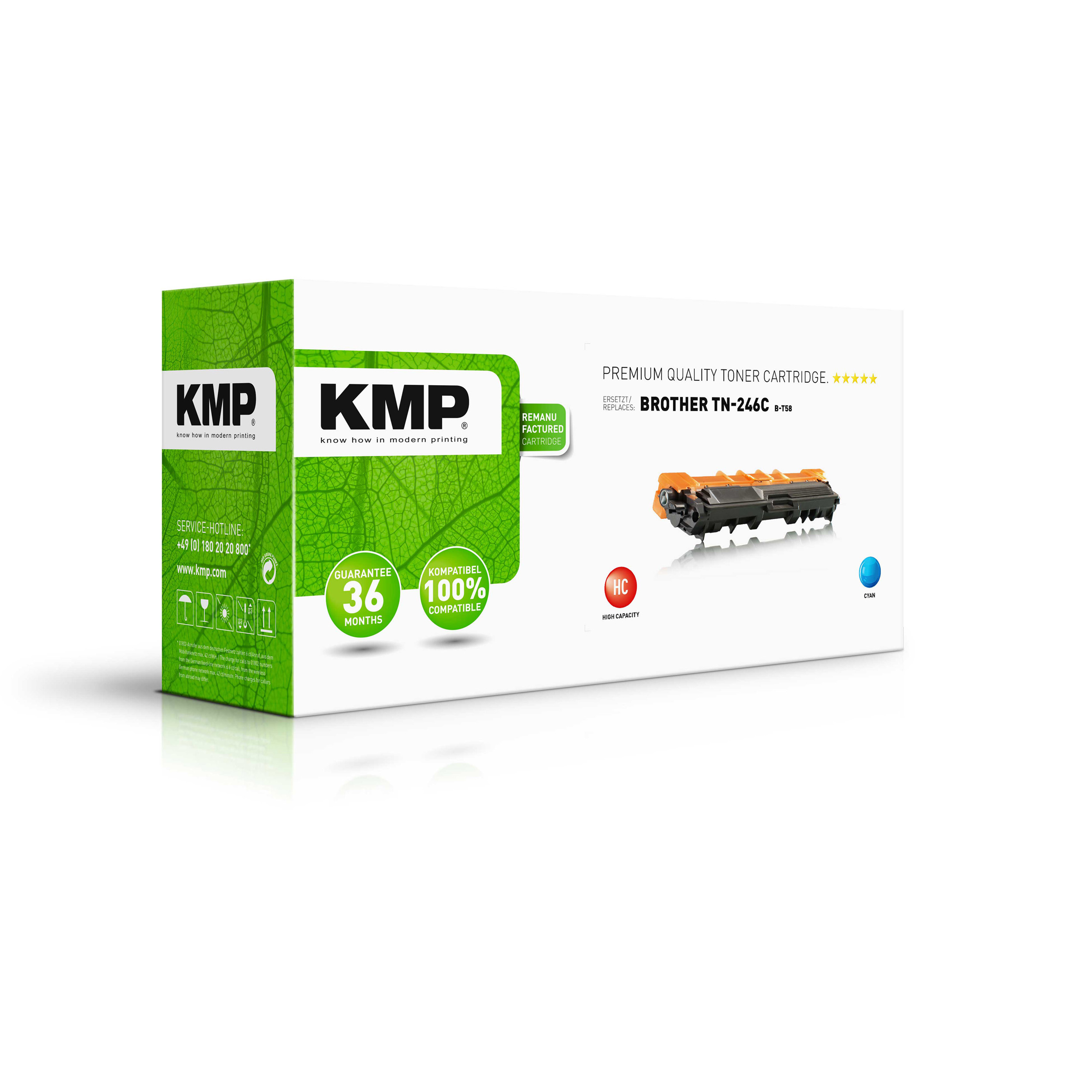 Scatola per cartucce toner KMP bianca e verde con cartuccia all'interno.