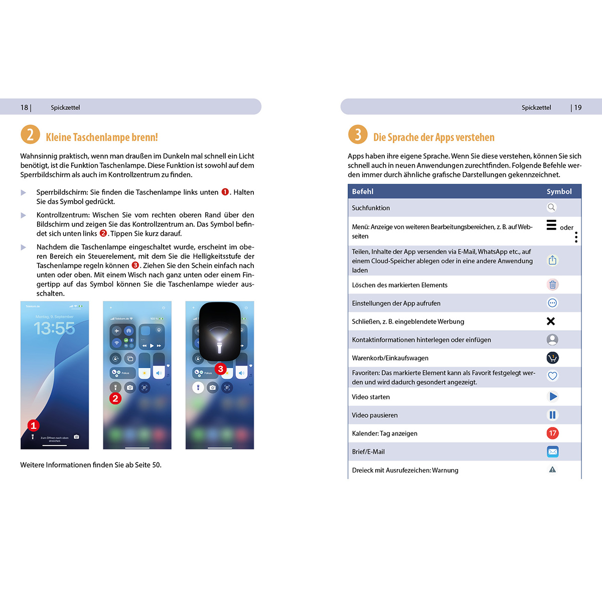 Drei Telefonbildschirme zeigen verschiedene App-Oberflächen mit Symbolen und Text.