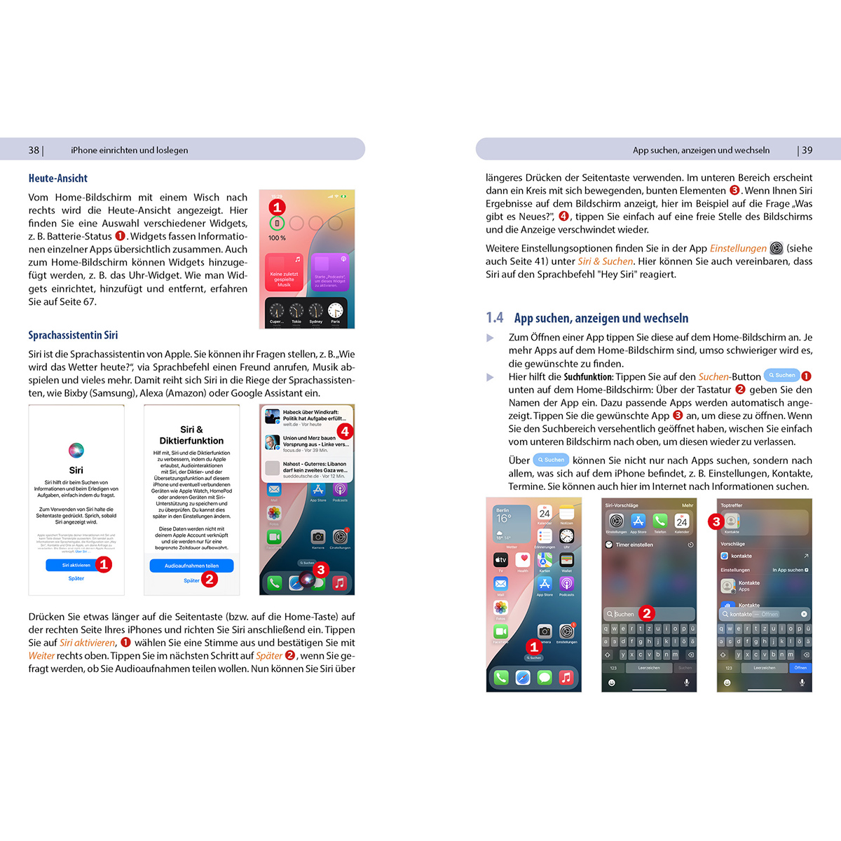 Seiten eines iPhone-Leitfadens. Es zeigt Screenshots mit App-Symbolen und Telefoneinstellungen.