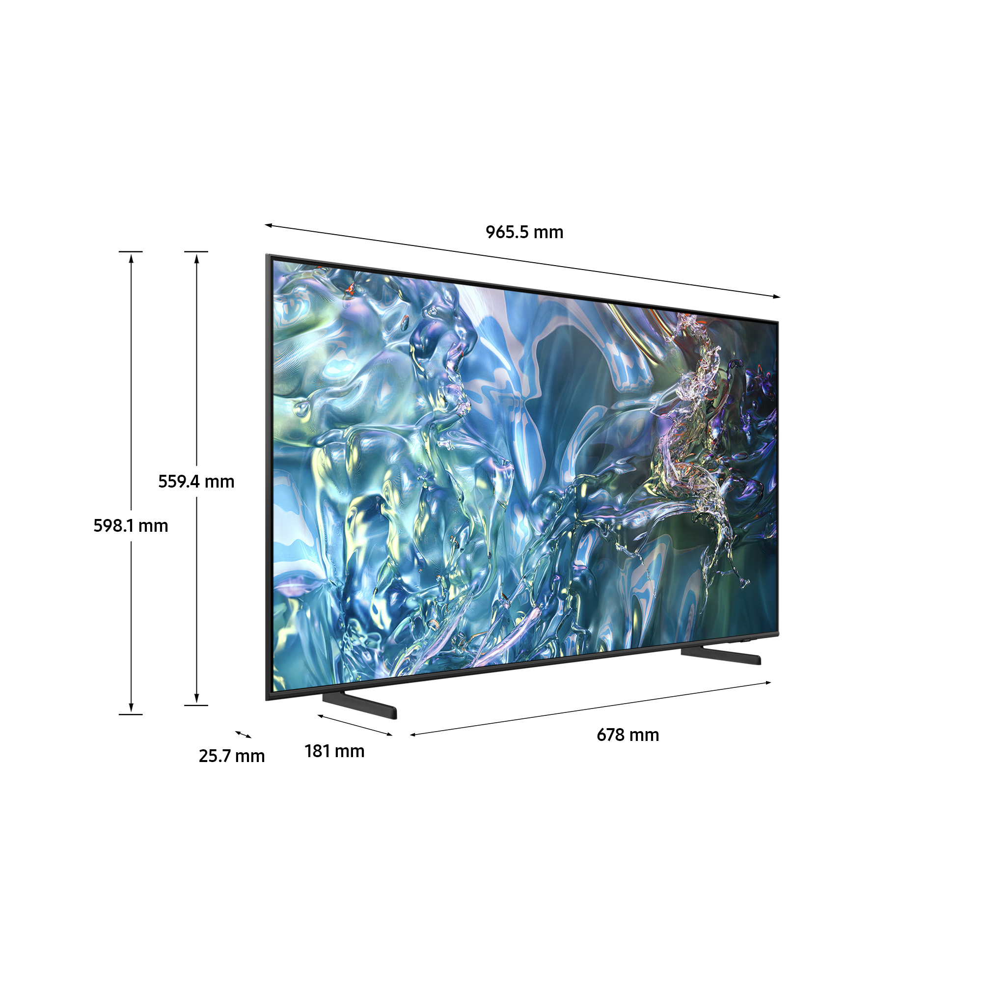 TV di grandi dimensioni con misure su sfondo bianco.