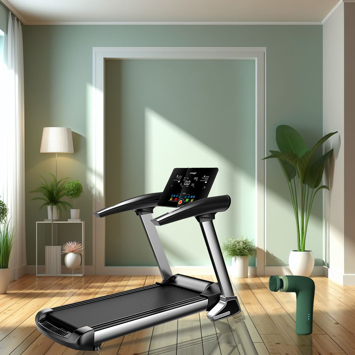 Treadmill and massage gun in a bright room, with a window and plants.