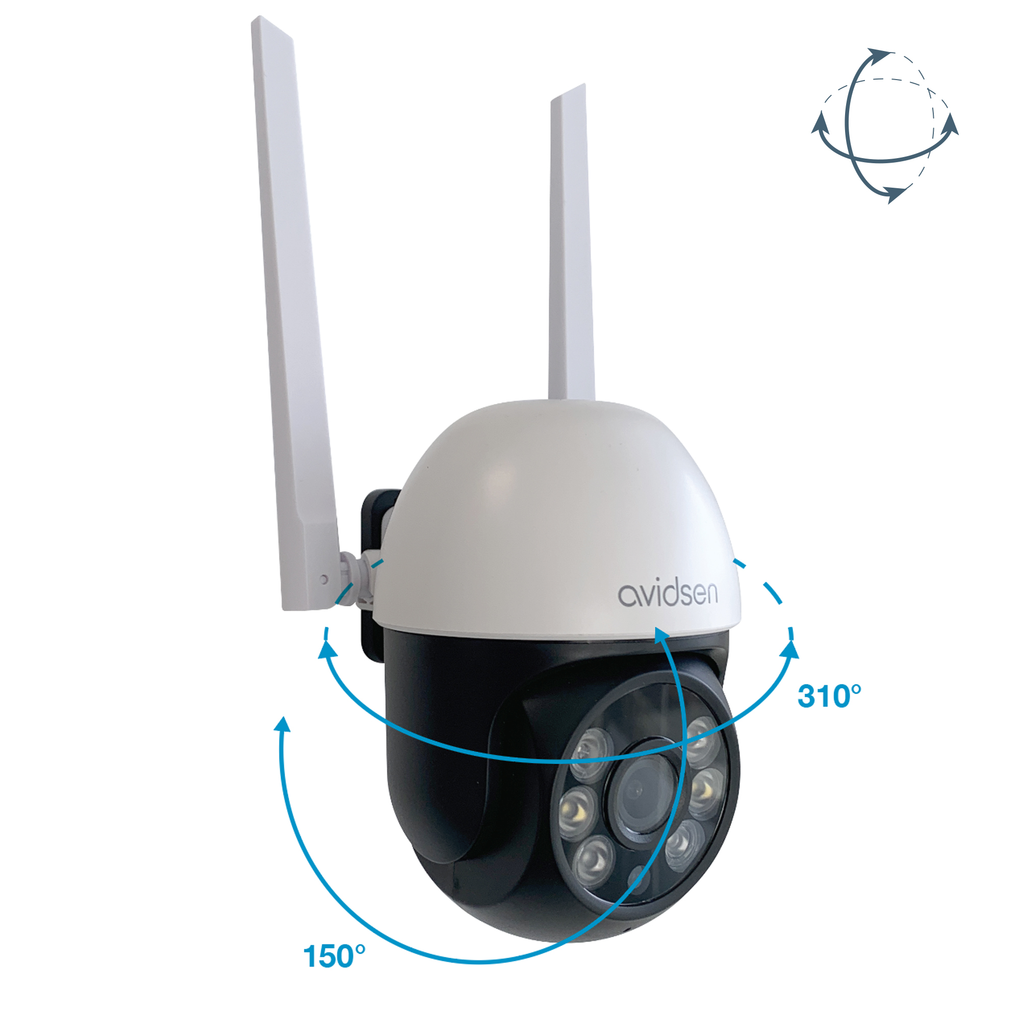 Una cámara de seguridad blanca y negra con dos antenas y flechas giratorias.