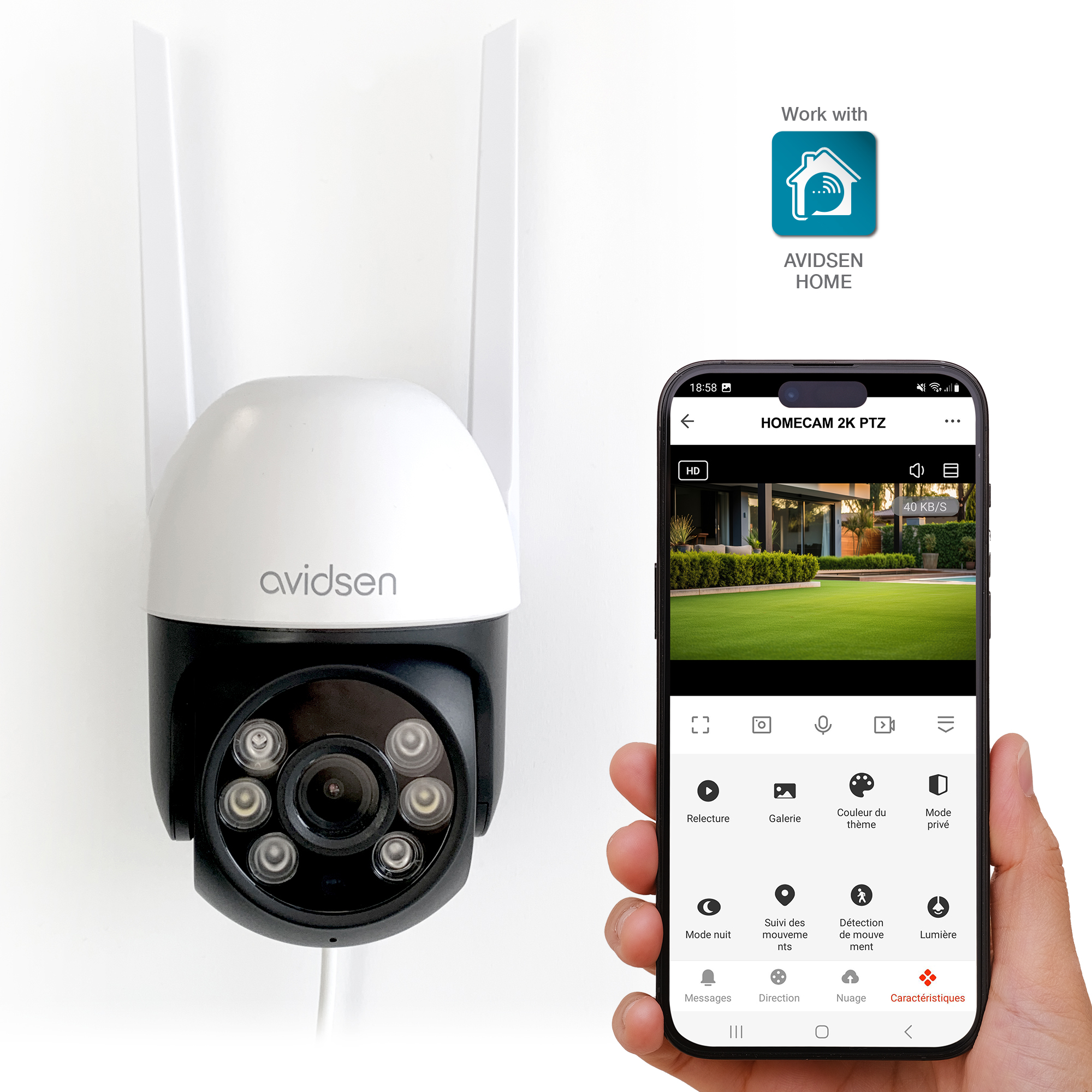Cámara Avidsen HomeCam 2K PTZ blanca y negra con aplicación en el teléfono.
