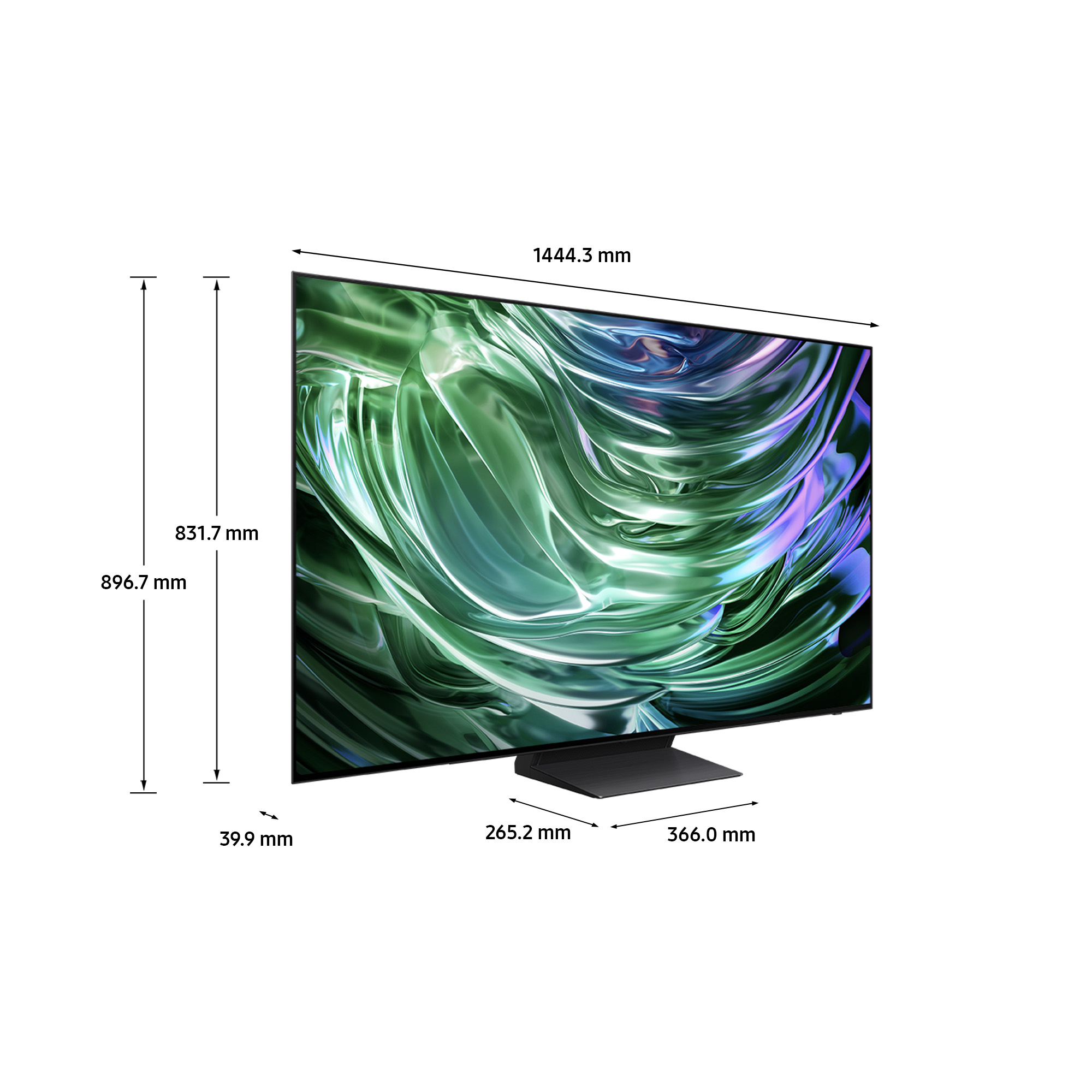 Ein schwarzer Samsung Fernseher auf einem Ständer, die Abmessungen sind im Bild dargestellt.