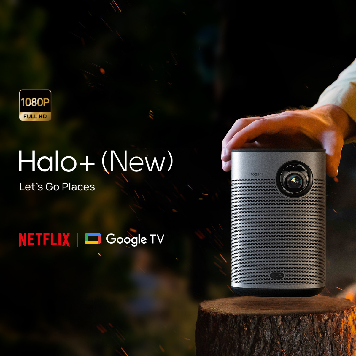 Proyector portátil con texto 'Halo+ (Nuevo)' y marca Netflix y Google TV.