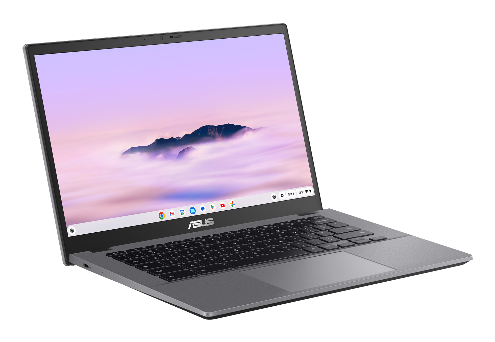 Ein grauer Laptop mit beleuchtetem Bildschirm, der das ASUS-Logo und den Desktop zeigt.