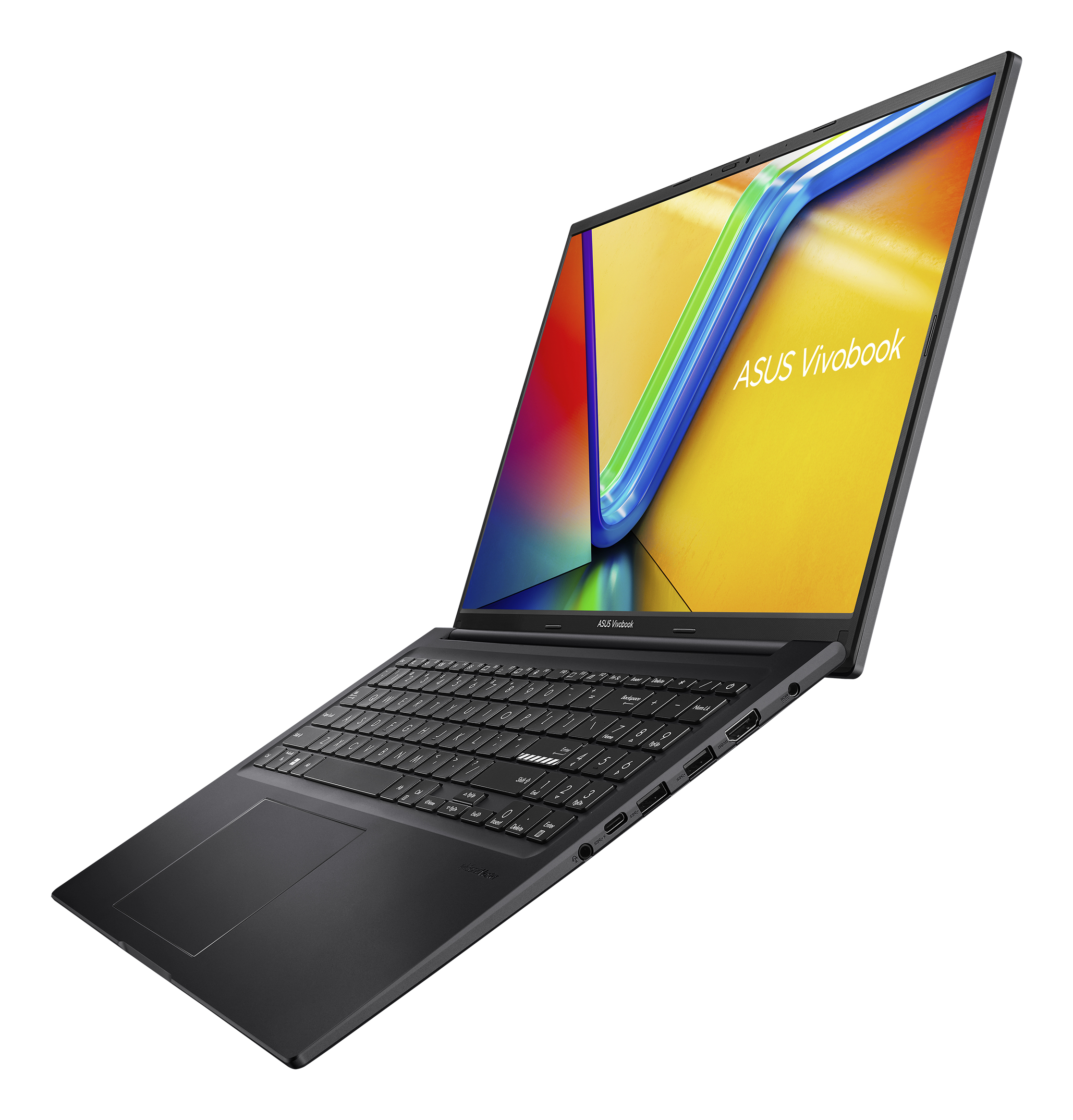 Black laptop with a colorful screen, open at an angle, on a white background. Shows keyboard.