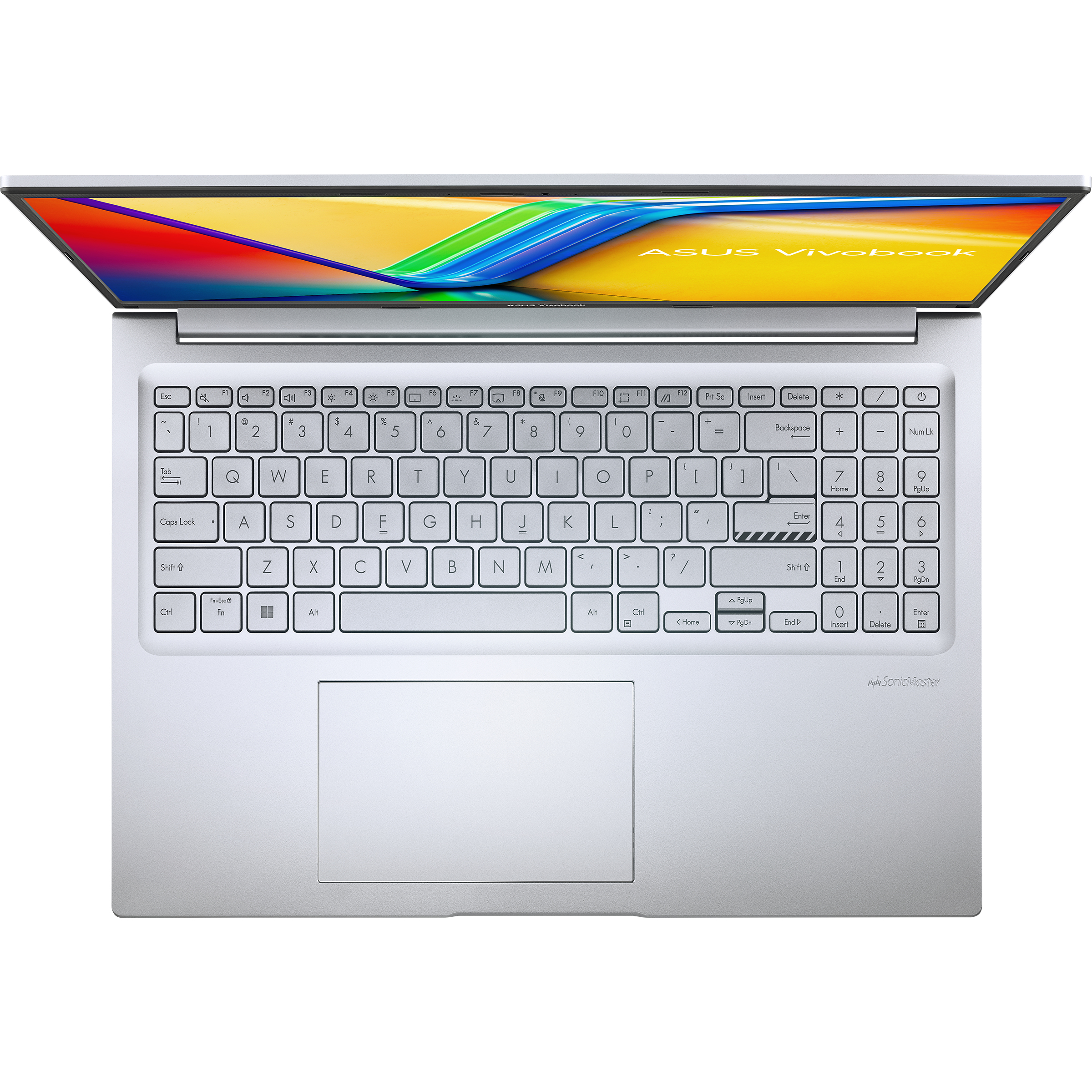 Ein ASUS Laptop von oben, offen, mit silbernem Gehäuse und farbenfroher Bildschirmanzeige, Tastatur sichtbar.