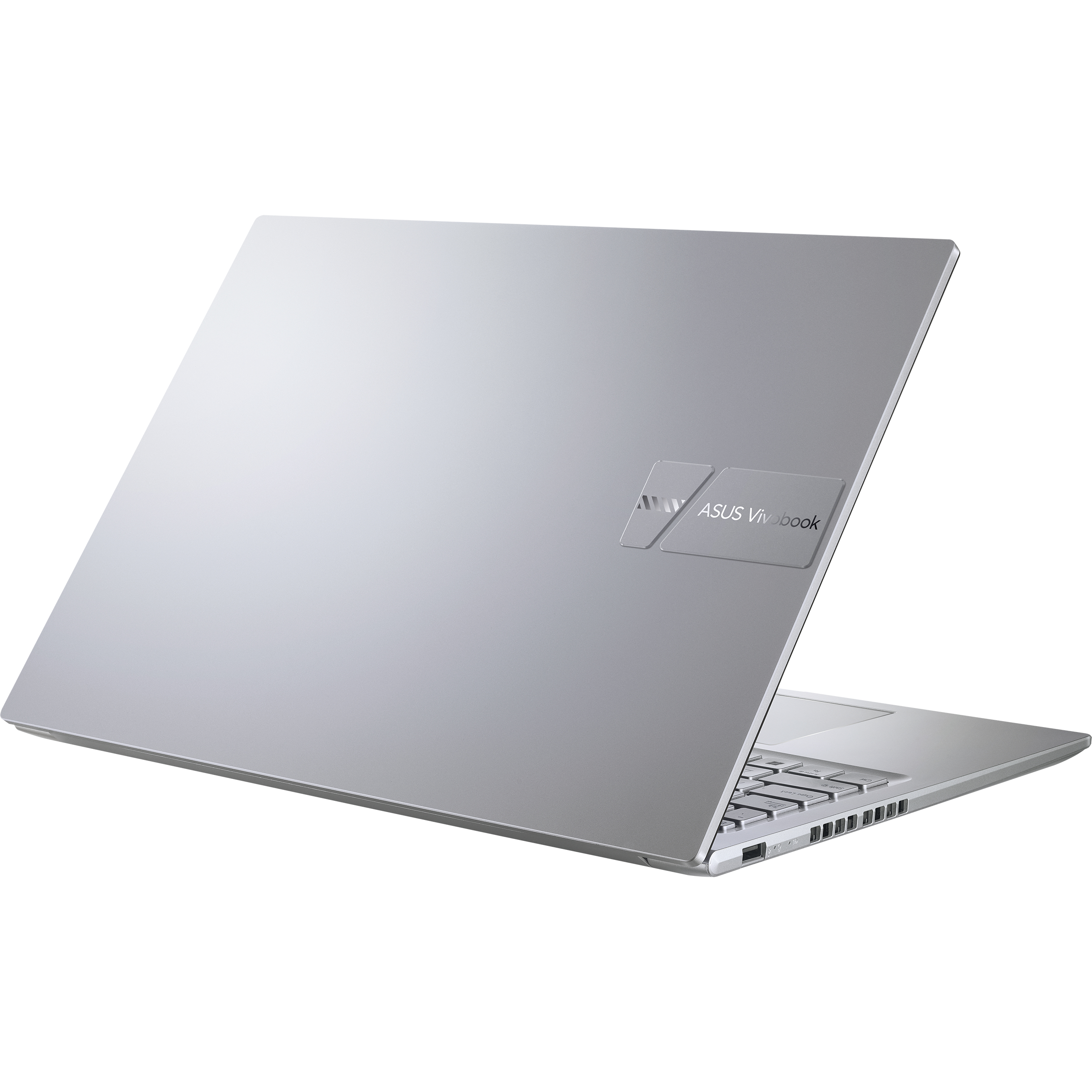 Silberner Asus Vivobook Laptop, zeigt den Deckel von hinten. Das Logo ist sichtbar.