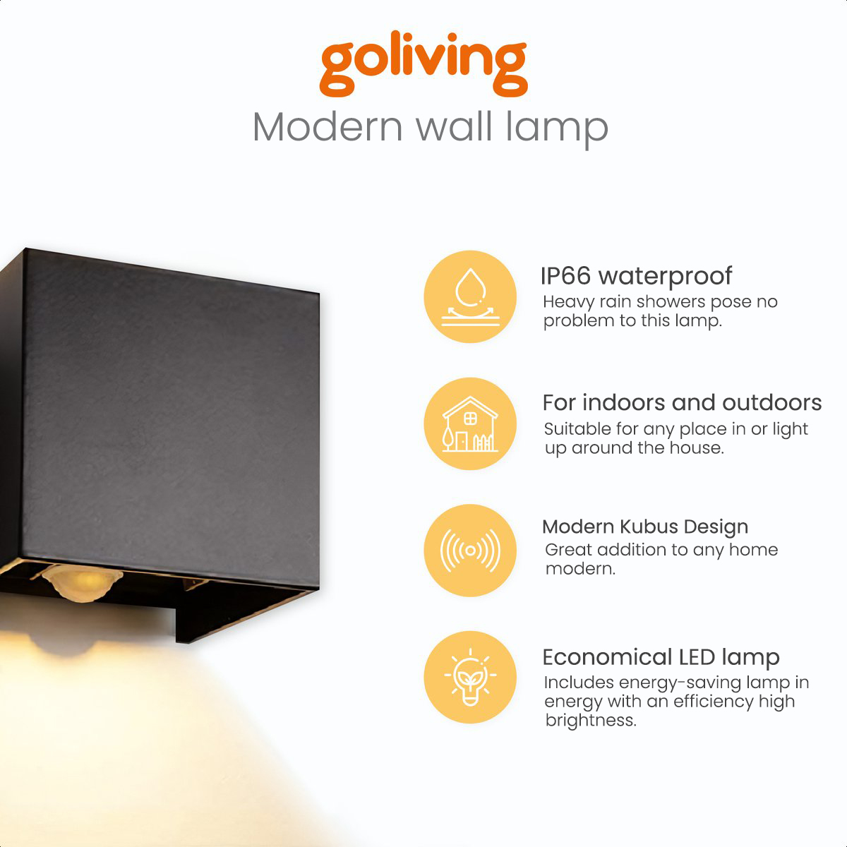 Black modern wall lamp with text and icons describing features: waterproof, indoor/outdoor, design, LED.