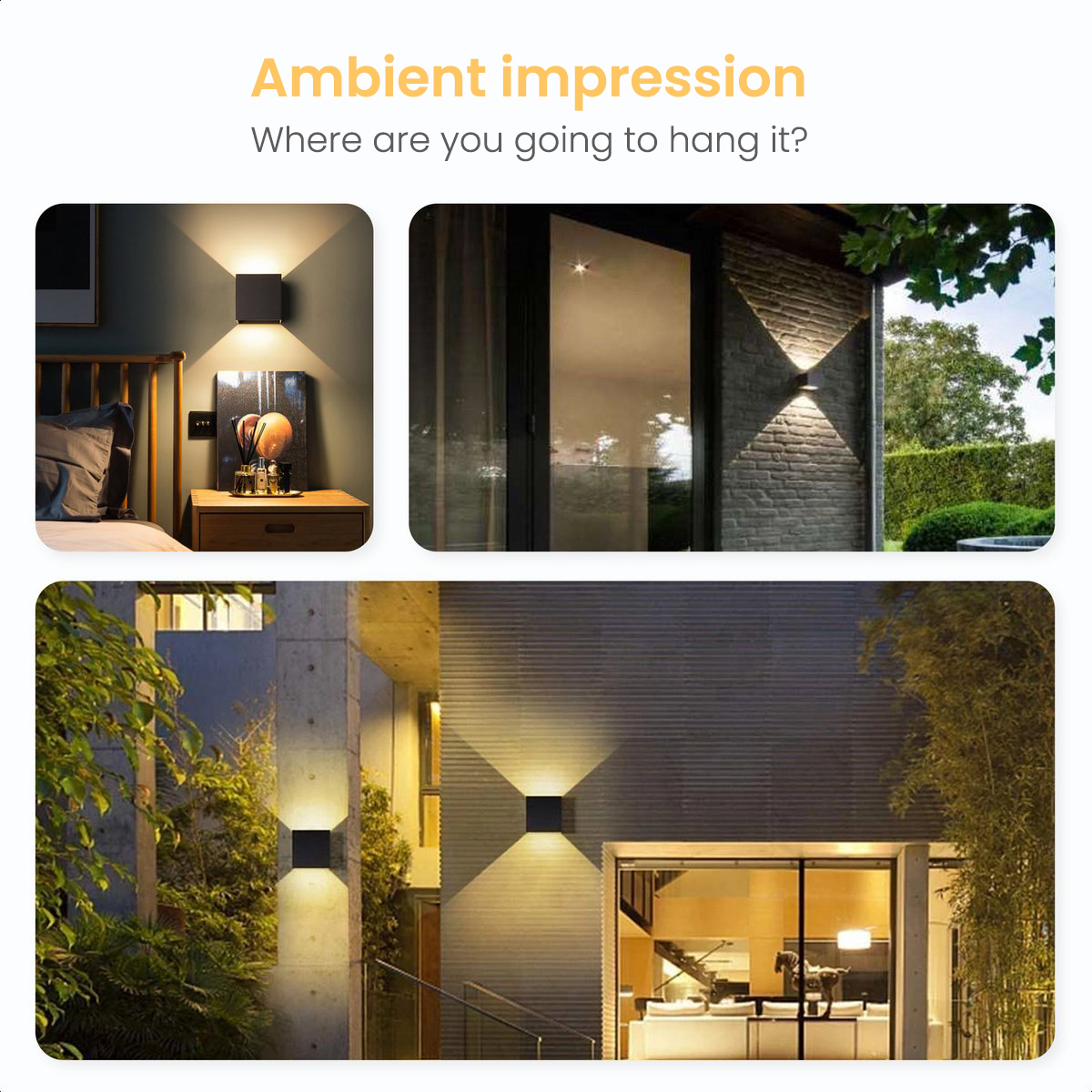 Three images demonstrating ambient lighting in a room, on a bed, and in a garden.