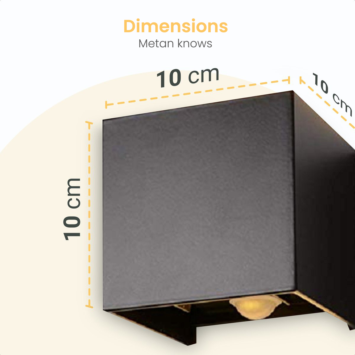 A black square light with its dimensions highlighted in yellow.