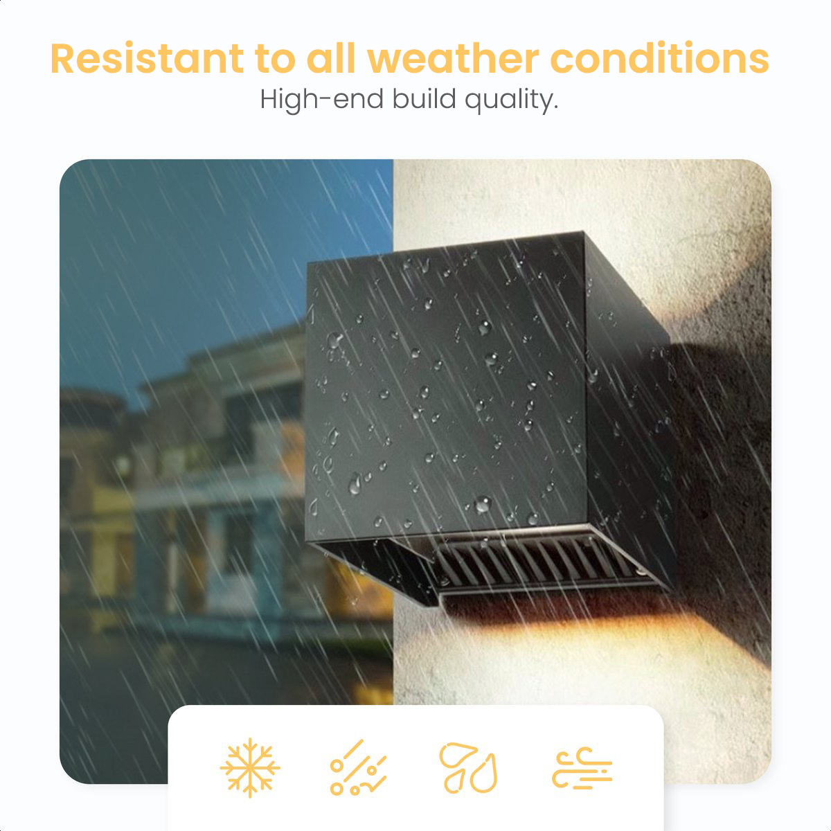 Black outdoor light fixture on a wall, with rain and weather icons.