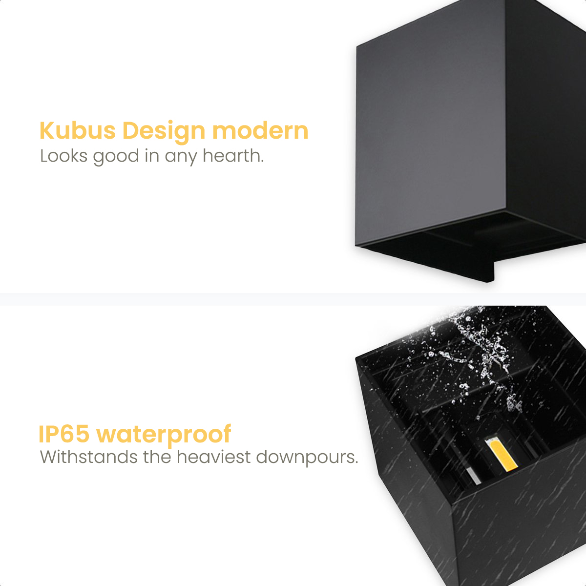 Black Kubus design wall lamp. A black box is shown with water splash. It is IP65 waterproof.