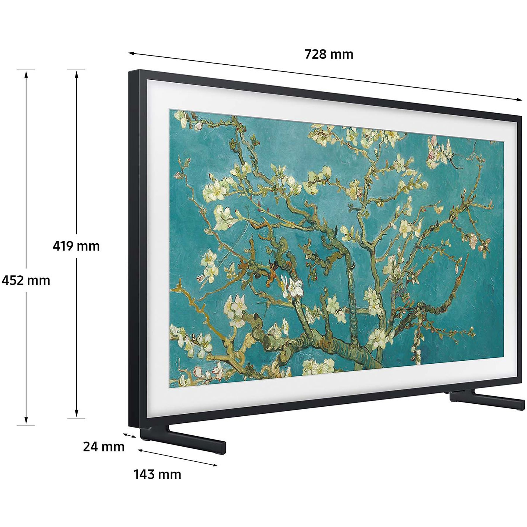 Una gran pantalla de TV negra mostrando una pintura sobre un fondo verde azulado, con dimensiones.