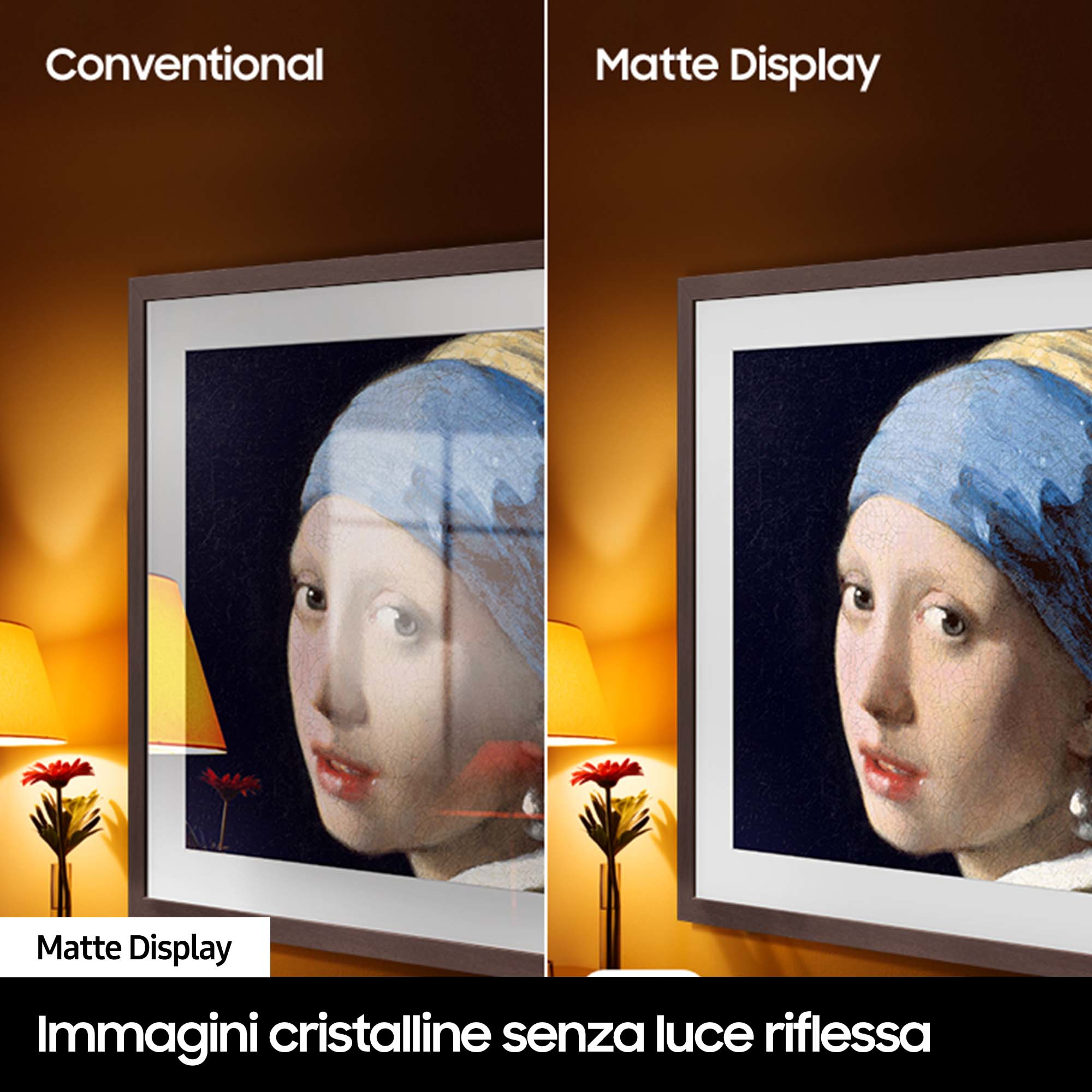 Imagen comparativa mostrando una pintura, pantalla convencional vs mate y texto.