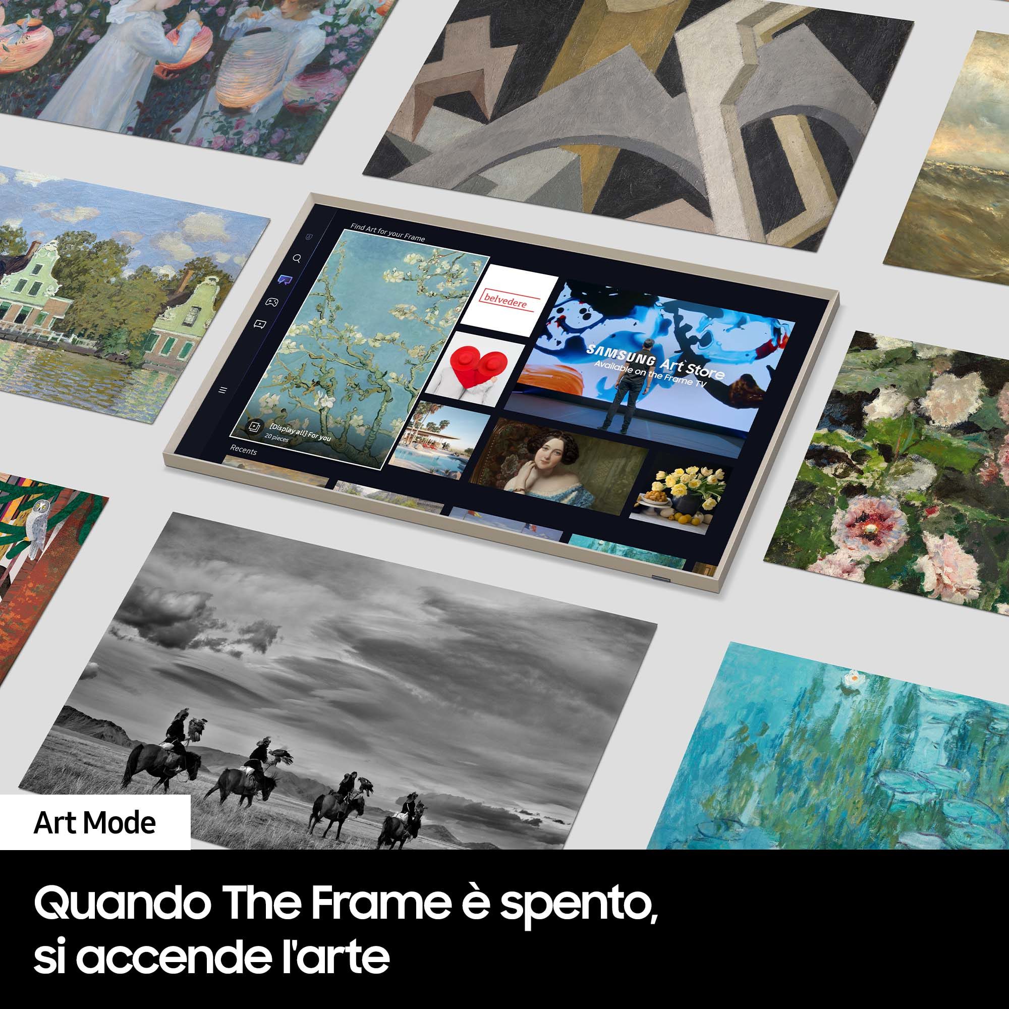 Pantalla de TV mostrando arte con varias obras de arte alrededor.
