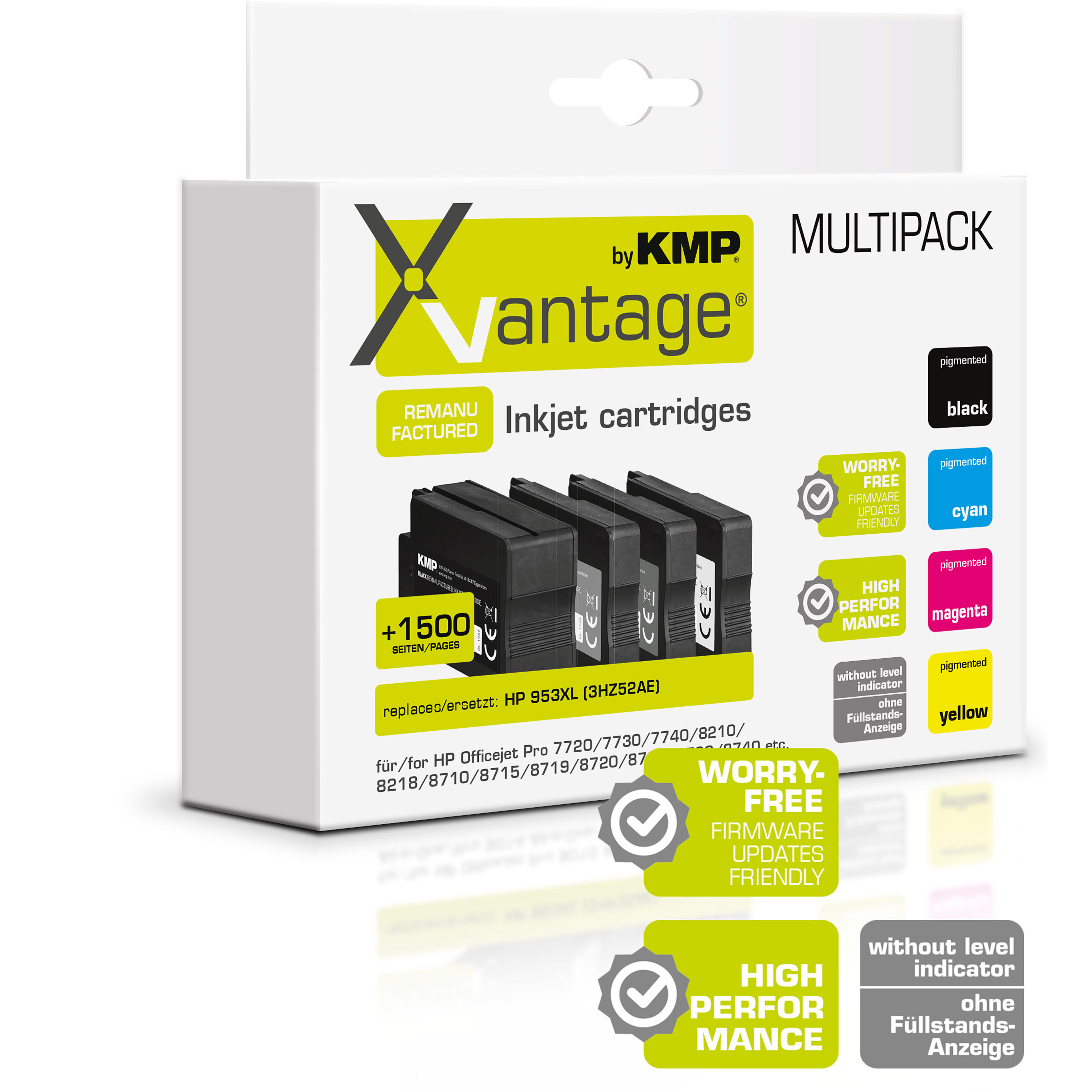 Tintenpatronen in einer Multipack-Box. Schwarze Patronen sind sichtbar. Weitere Farben sind auf der Box aufgeführt.