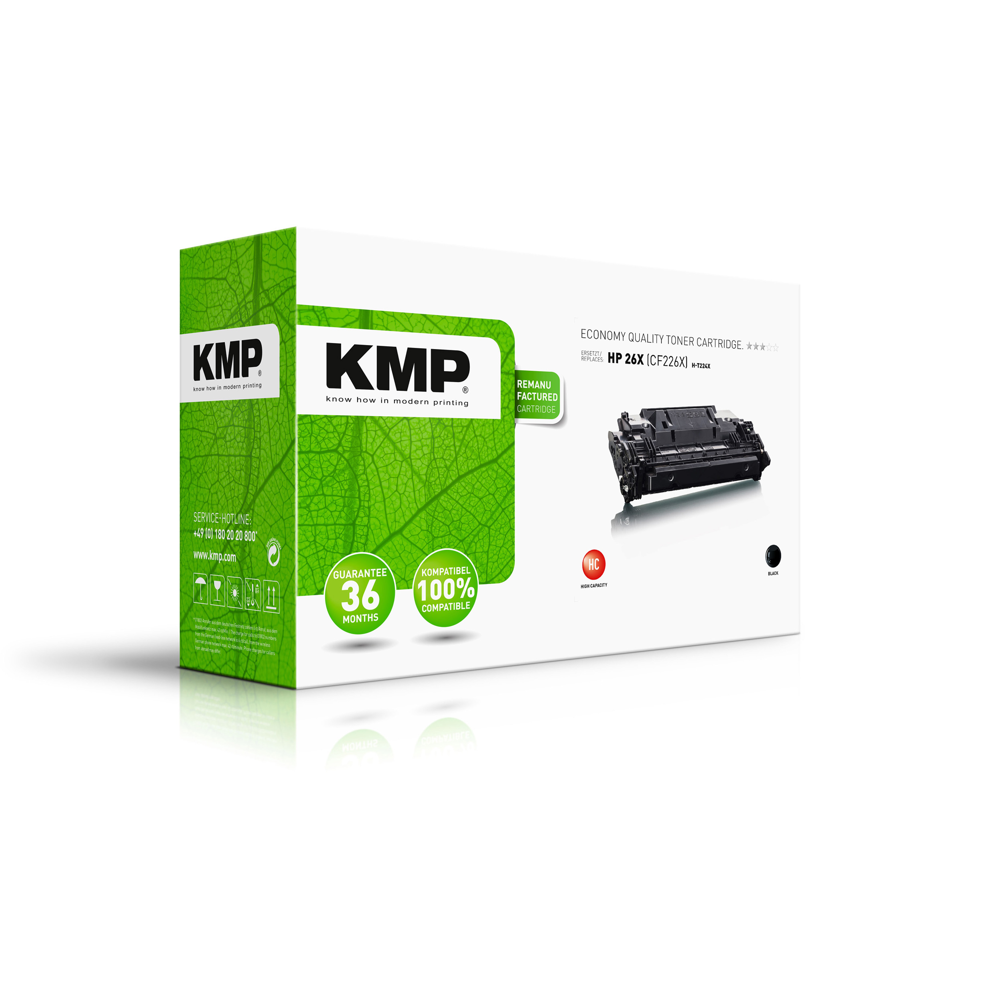 Caja de cartucho de tóner KMP. Es blanca con acentos verdes y una imagen de tóner negro.