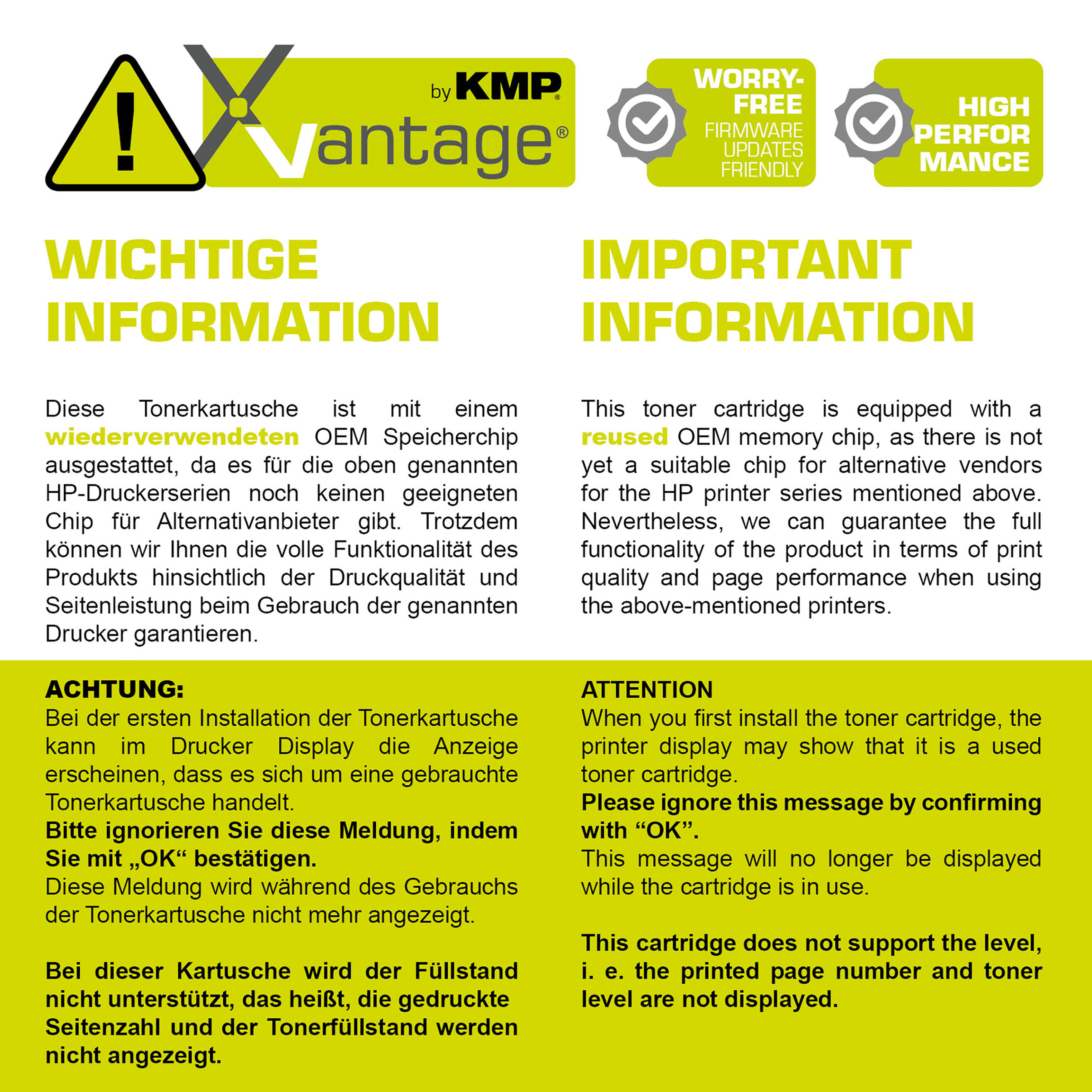 Informationen zur Tonerkartusche mit Warnungen und wichtigen Informationen. Weißer Hintergrund.