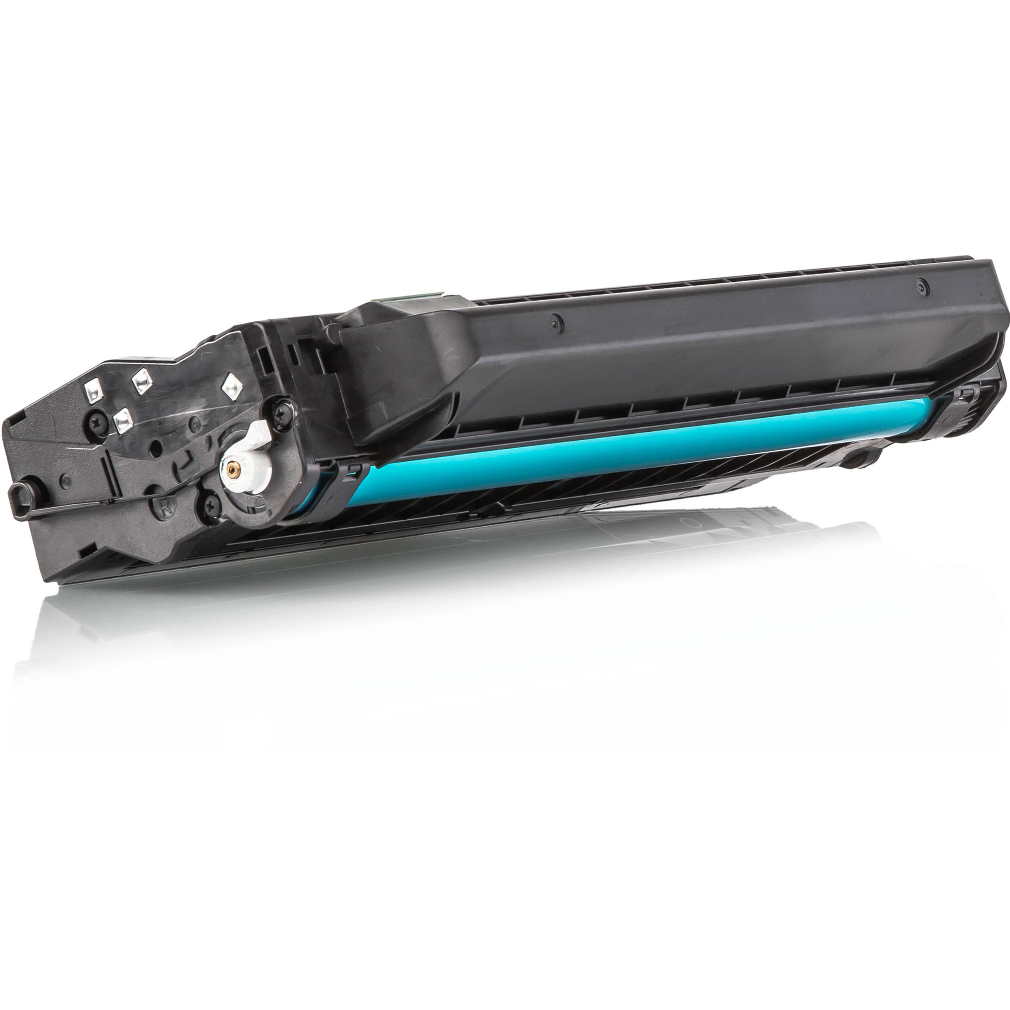 Una cartuccia toner nera e blu su sfondo bianco, un componente di una stampante.