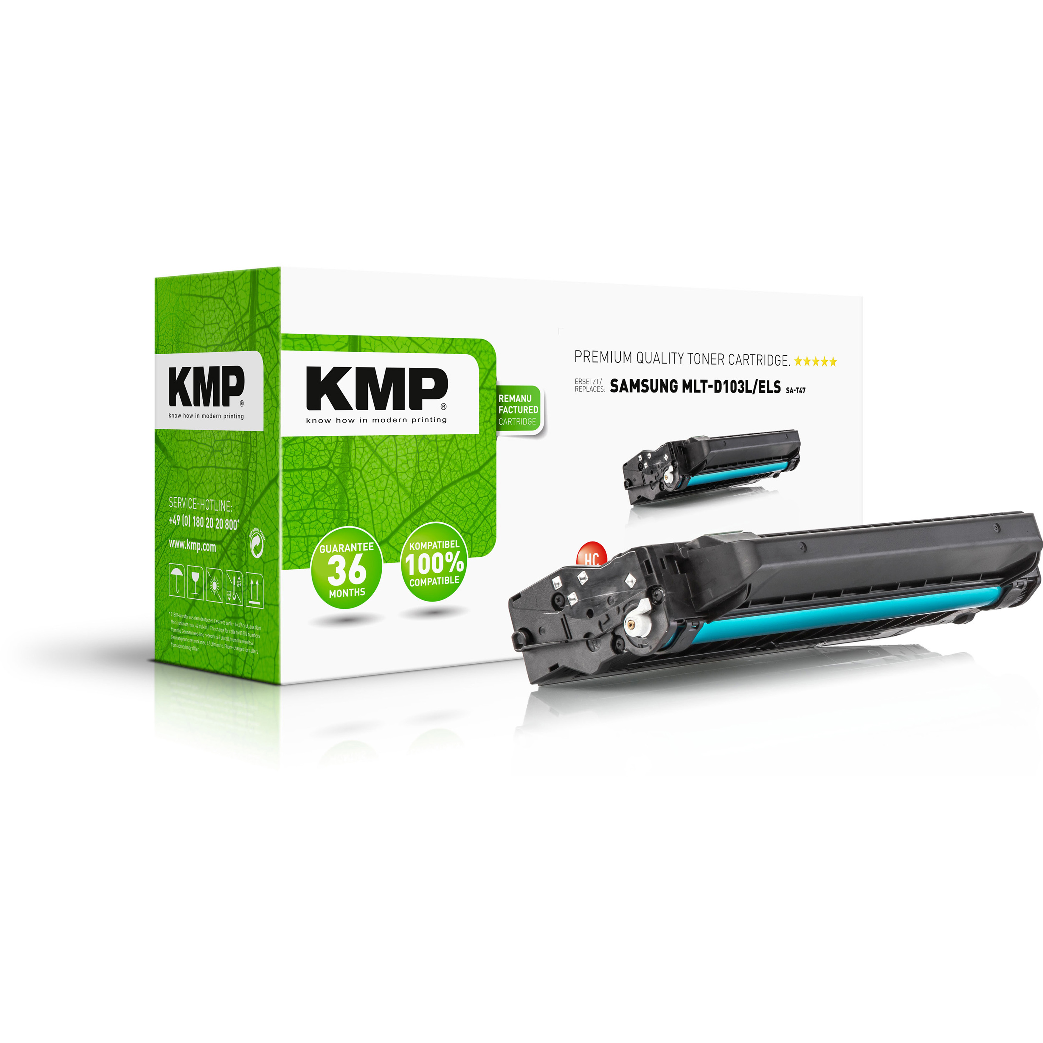 Scatola della cartuccia toner KMP, con una cartuccia toner accanto.