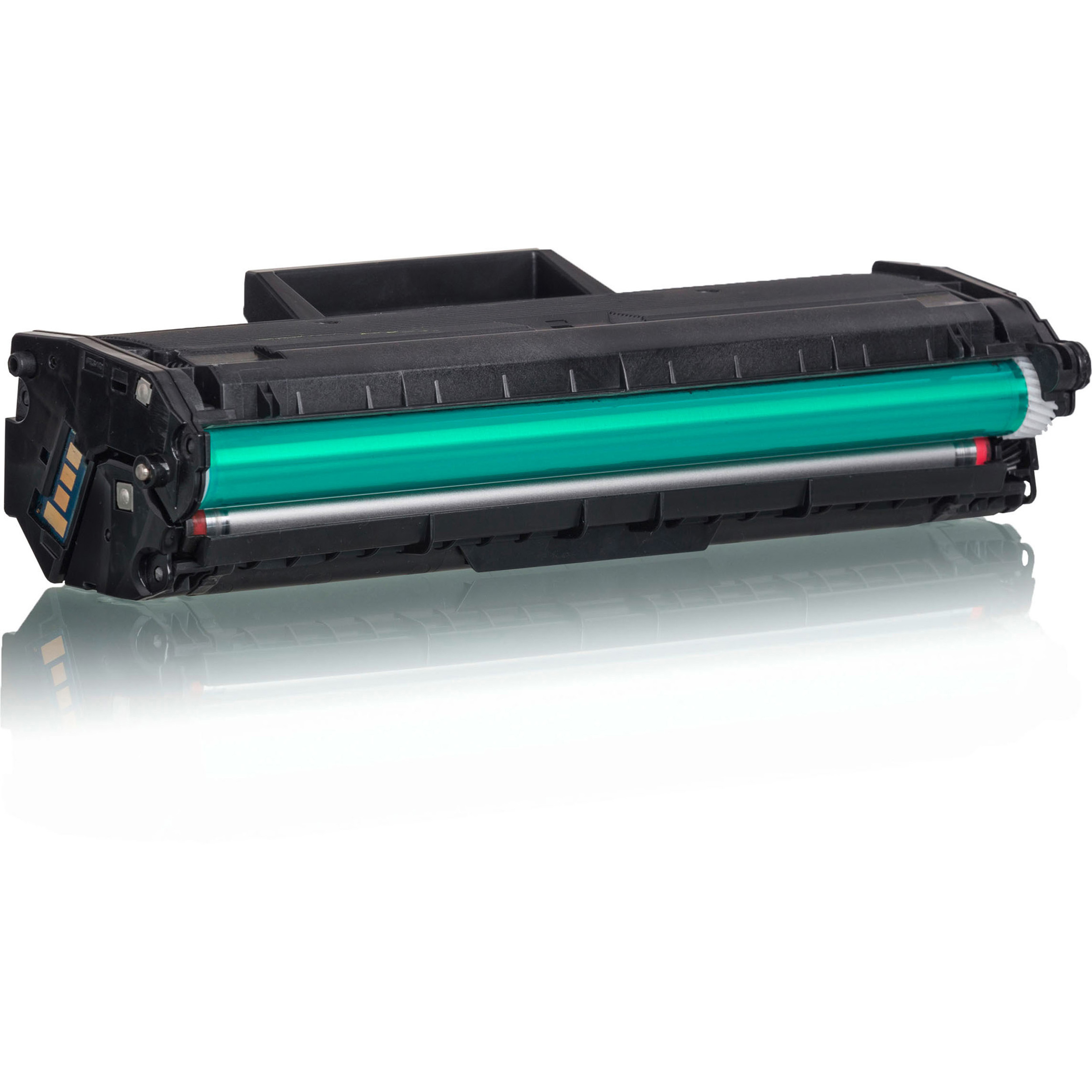 Cartuccia toner stampante nera. Contiene un rullo verde. Superficie riflettente sottostante.