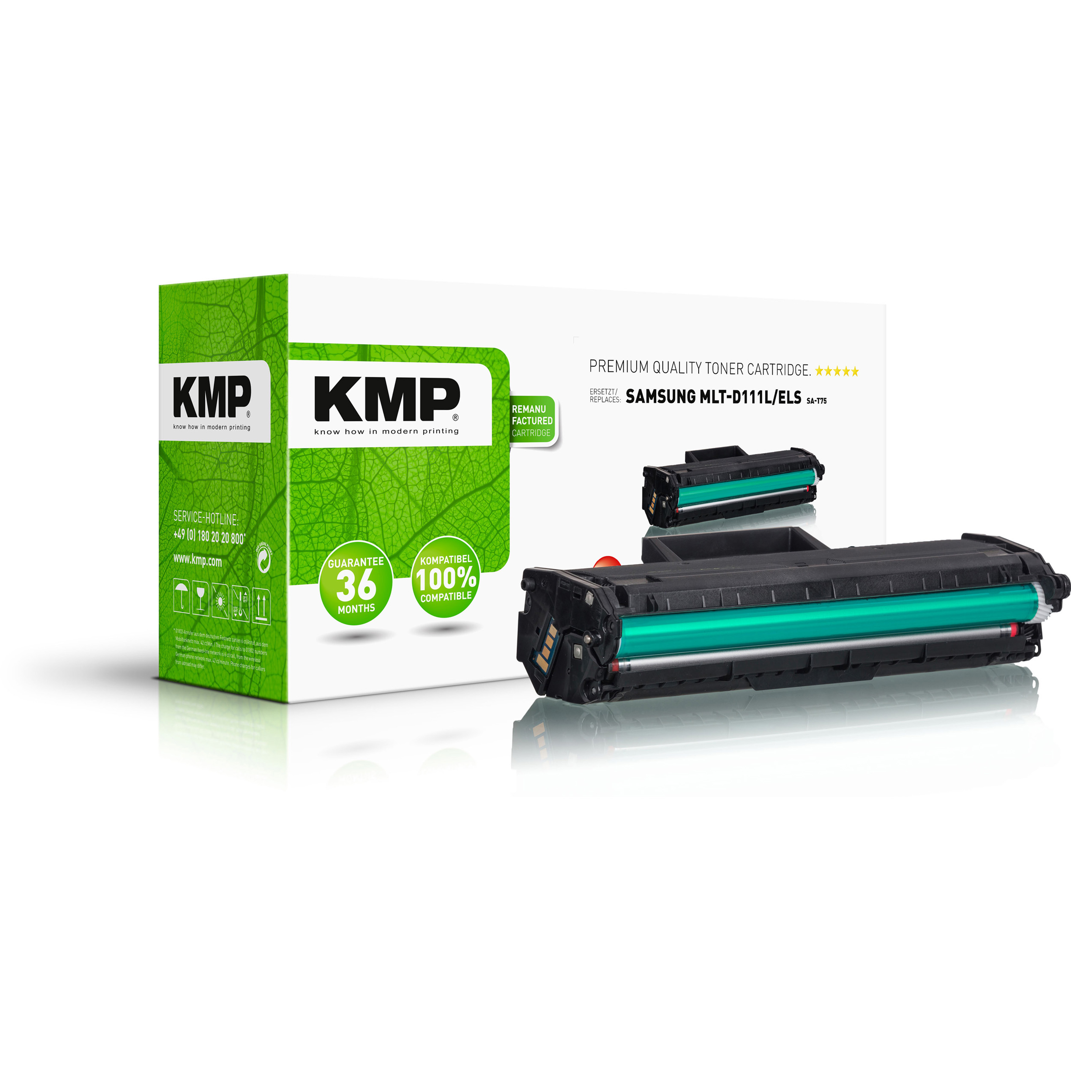 Scatola della cartuccia toner con una cartuccia. La scatola ha testo e un design verde.