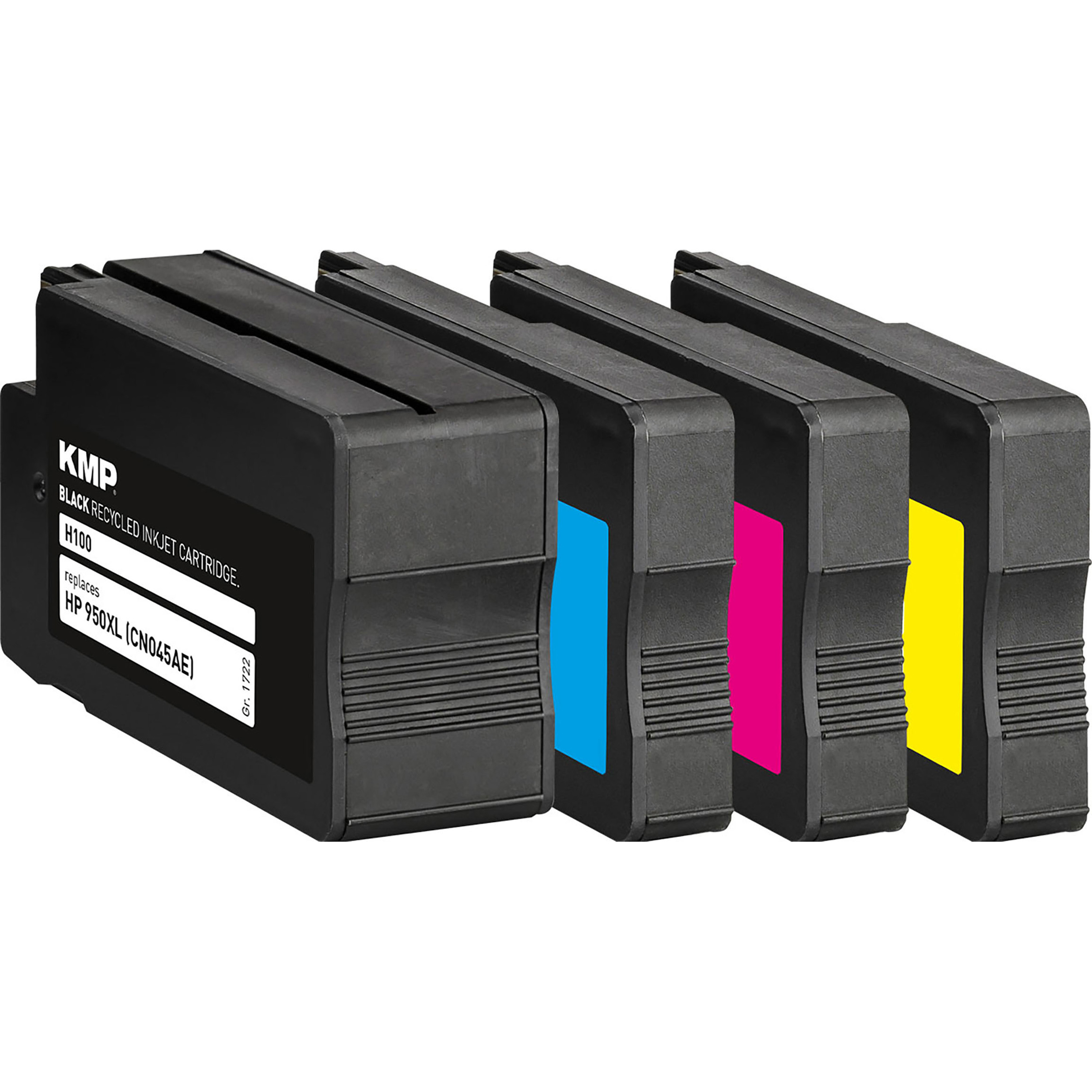 Cztery czarne wkłady atramentowe w rzędzie. Każdy ma kolorowy fragment: cyjan, magenta i żółty.