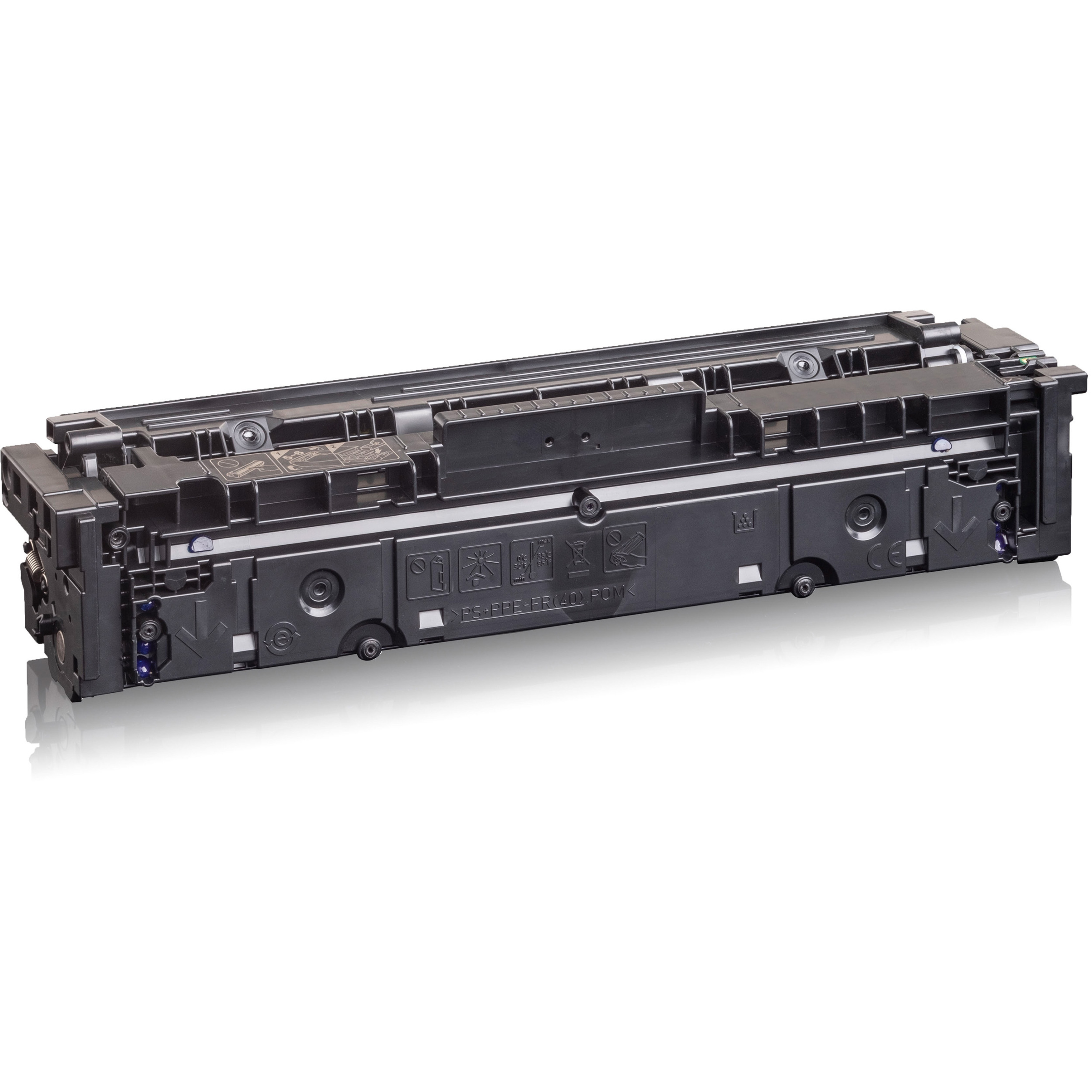 Una cartuccia toner nera per stampante. La cartuccia è etichettata e ha una complessa struttura interna.