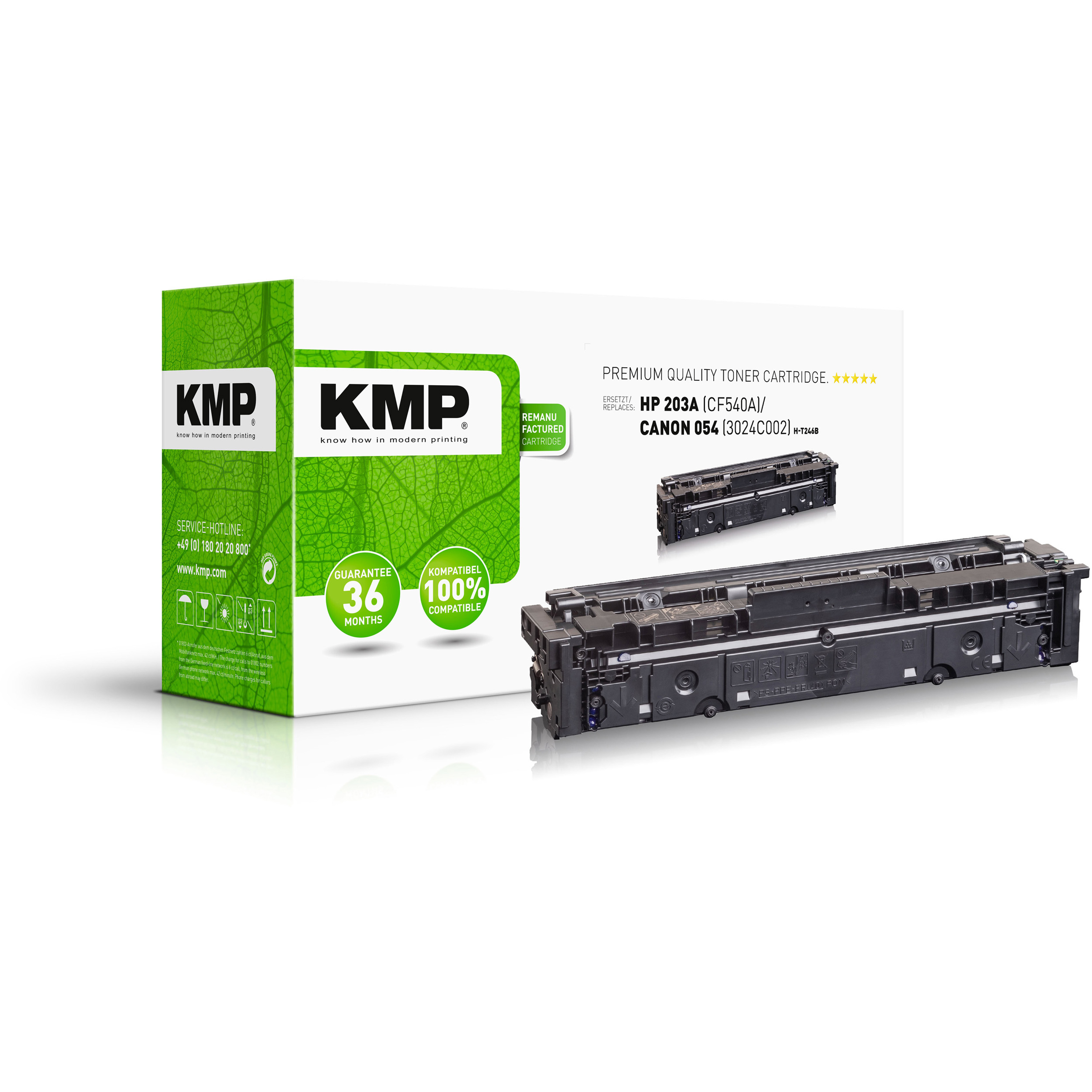 Scatola di cartucce toner KMP con una cartuccia toner nera accanto. La scatola e la cartuccia sono visibili.