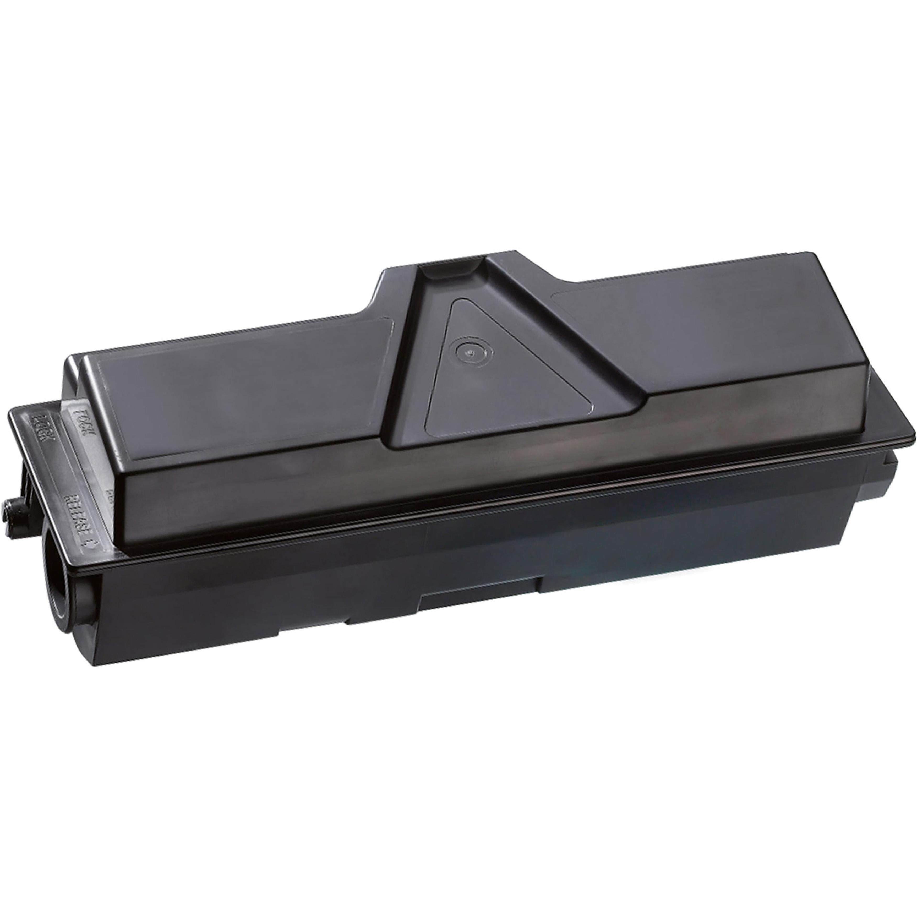 Czarny wkład z tonerem do drukarki na białym tle. Na górze jest trójkąt.