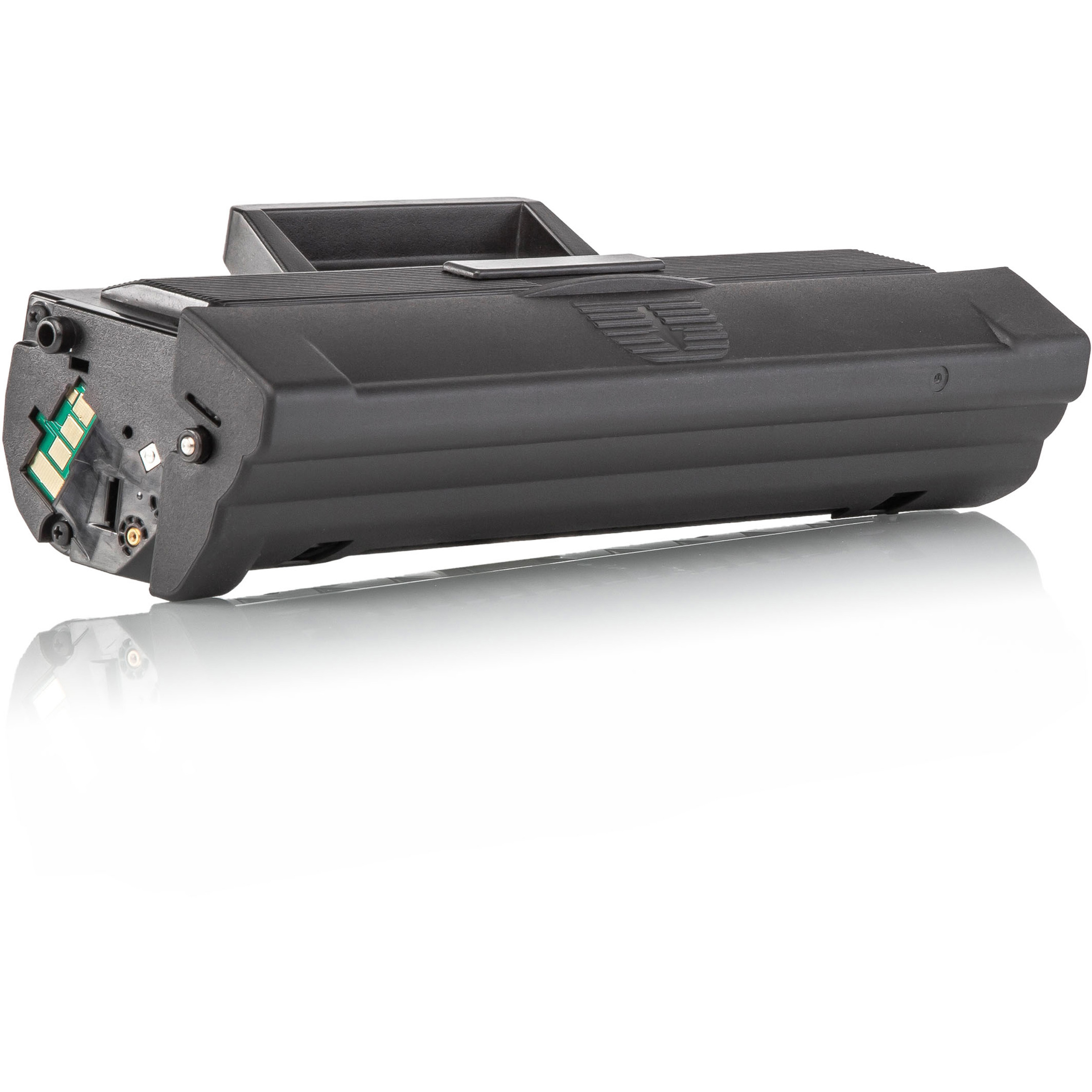 Cartuccia toner nera. Vista laterale. Sfondo bianco.
