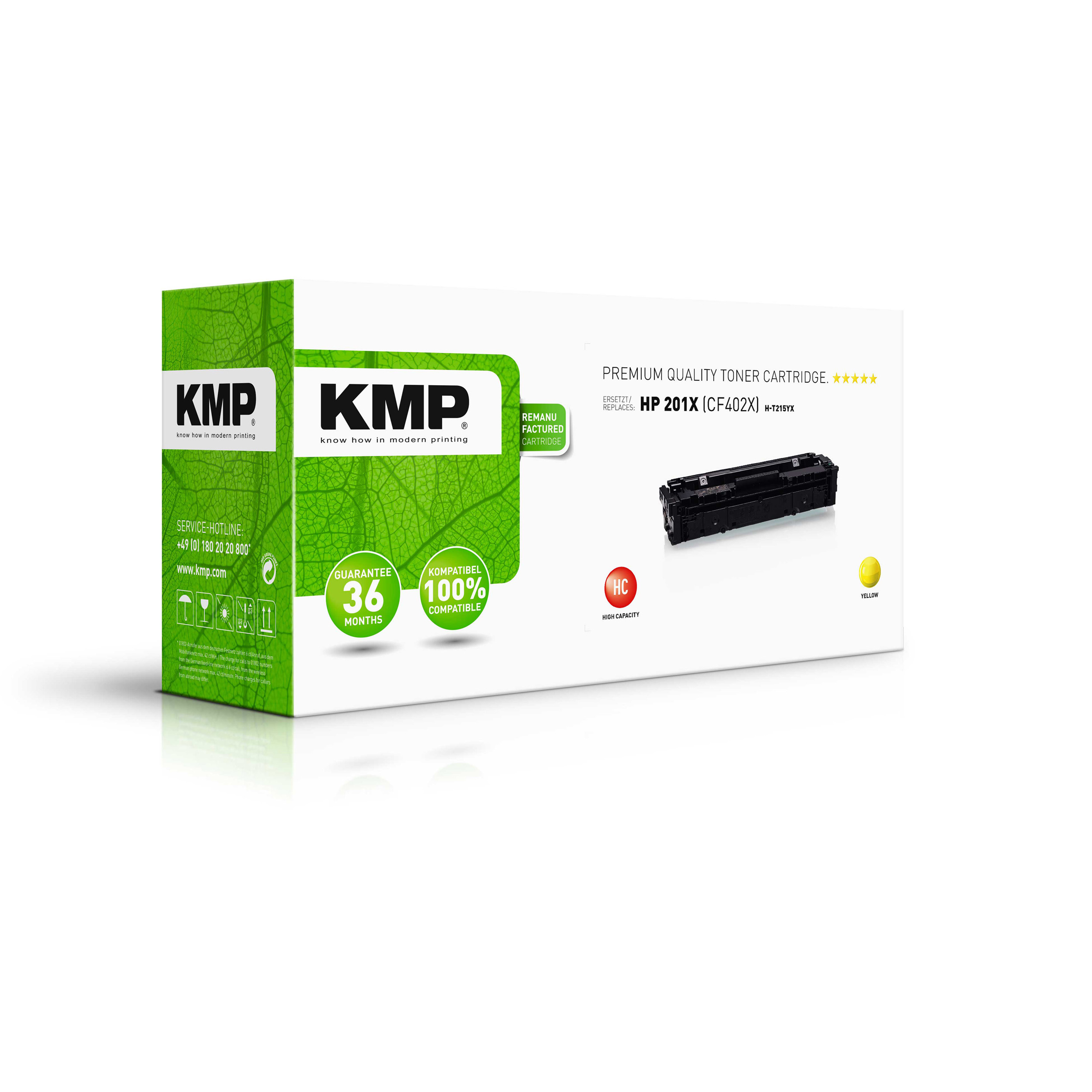 Scatola di toner KMP. Il toner è nero. La scatola è bianca e verde.