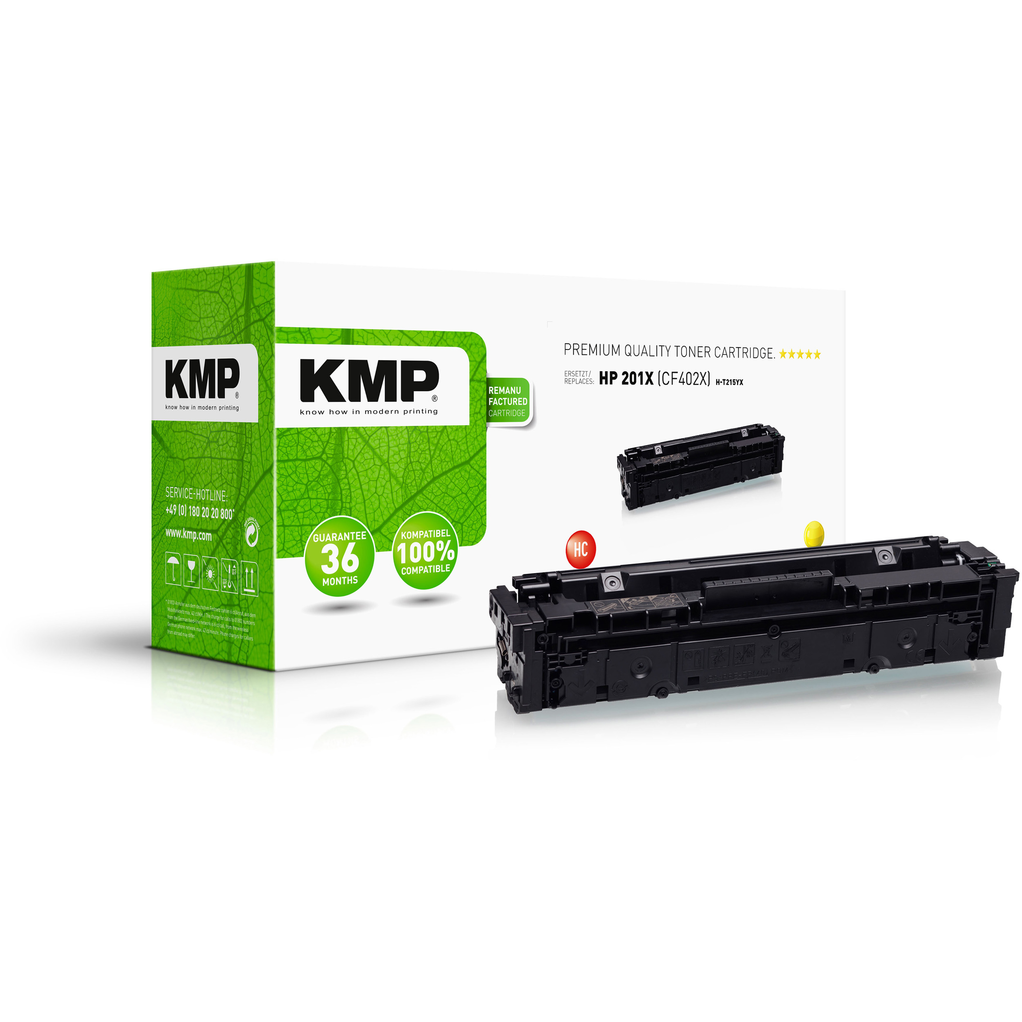 Scatola cartuccia toner KMP con una cartuccia toner accanto.