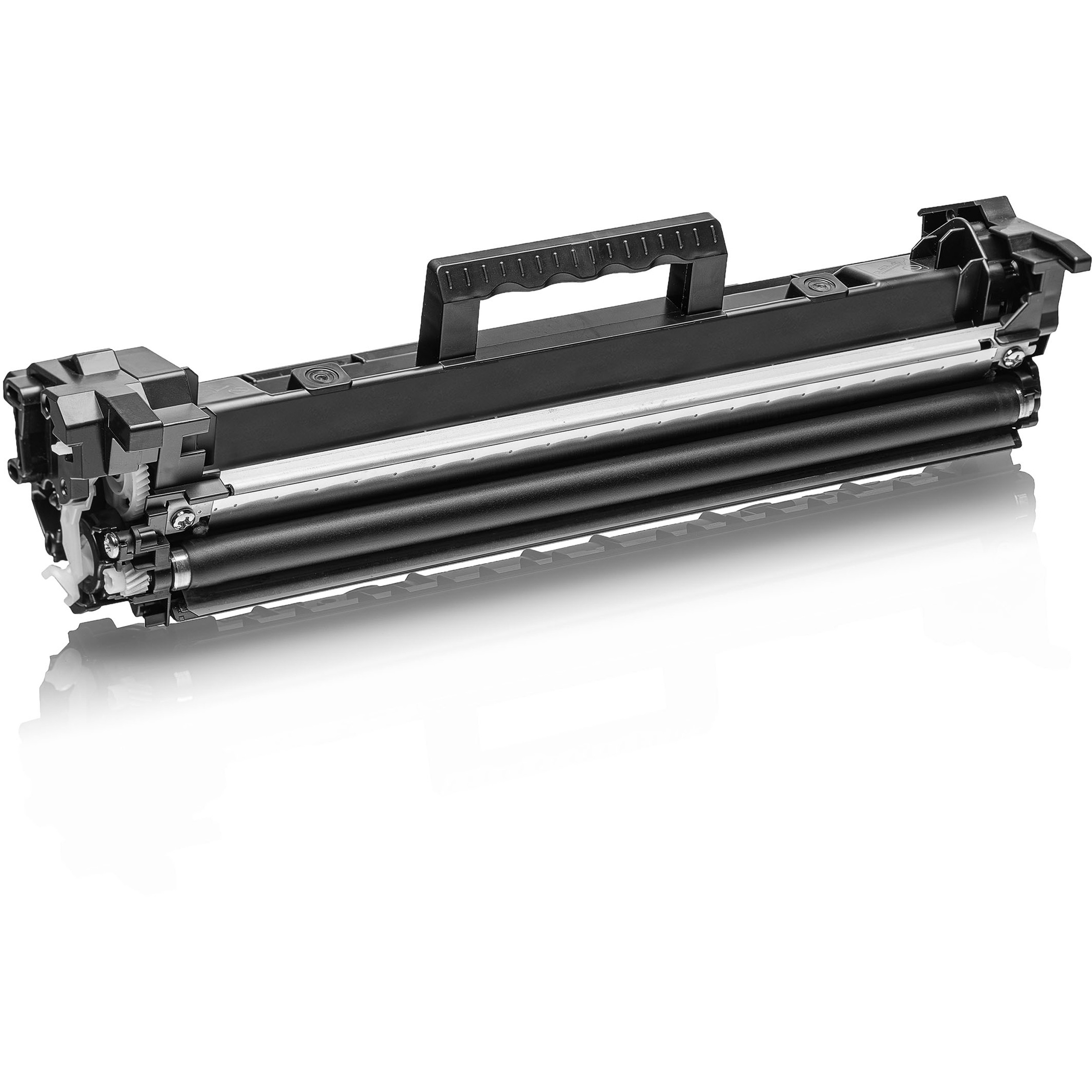 Czarny wkład z tonerem z uchwytem, białym tłem i odbiciem.