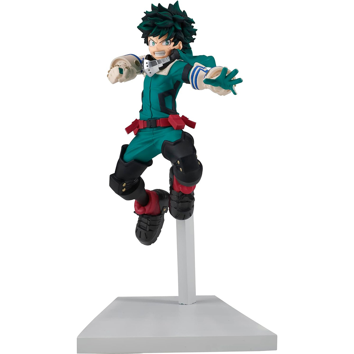 Eine My Hero Academia-Figur von Deku in dynamischer Pose auf einem weißen Ständer.