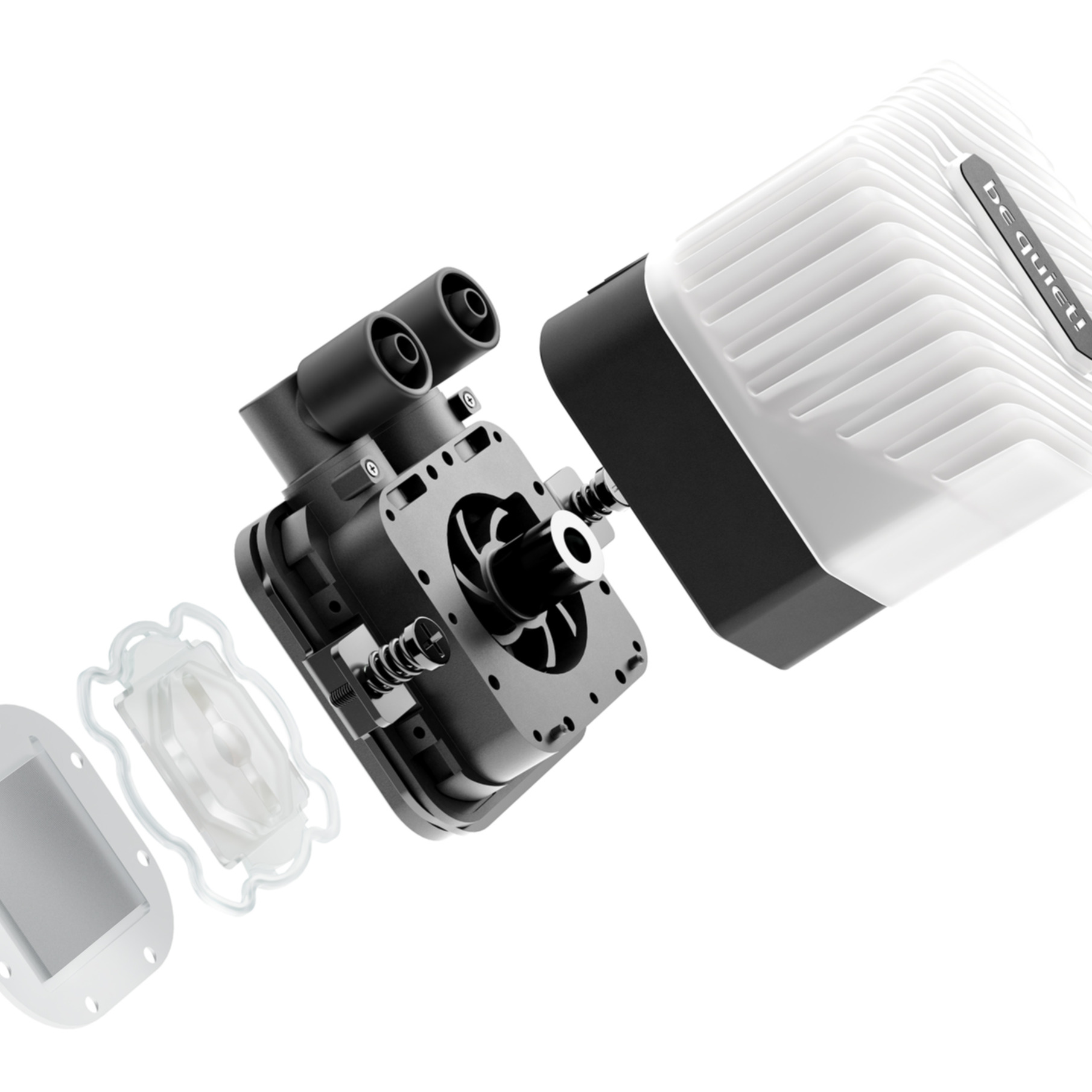 Widok rozłożony chłodnicy CPU be quiet!. Pokazuje komponenty takie jak pompa, radiator i wentylatory.