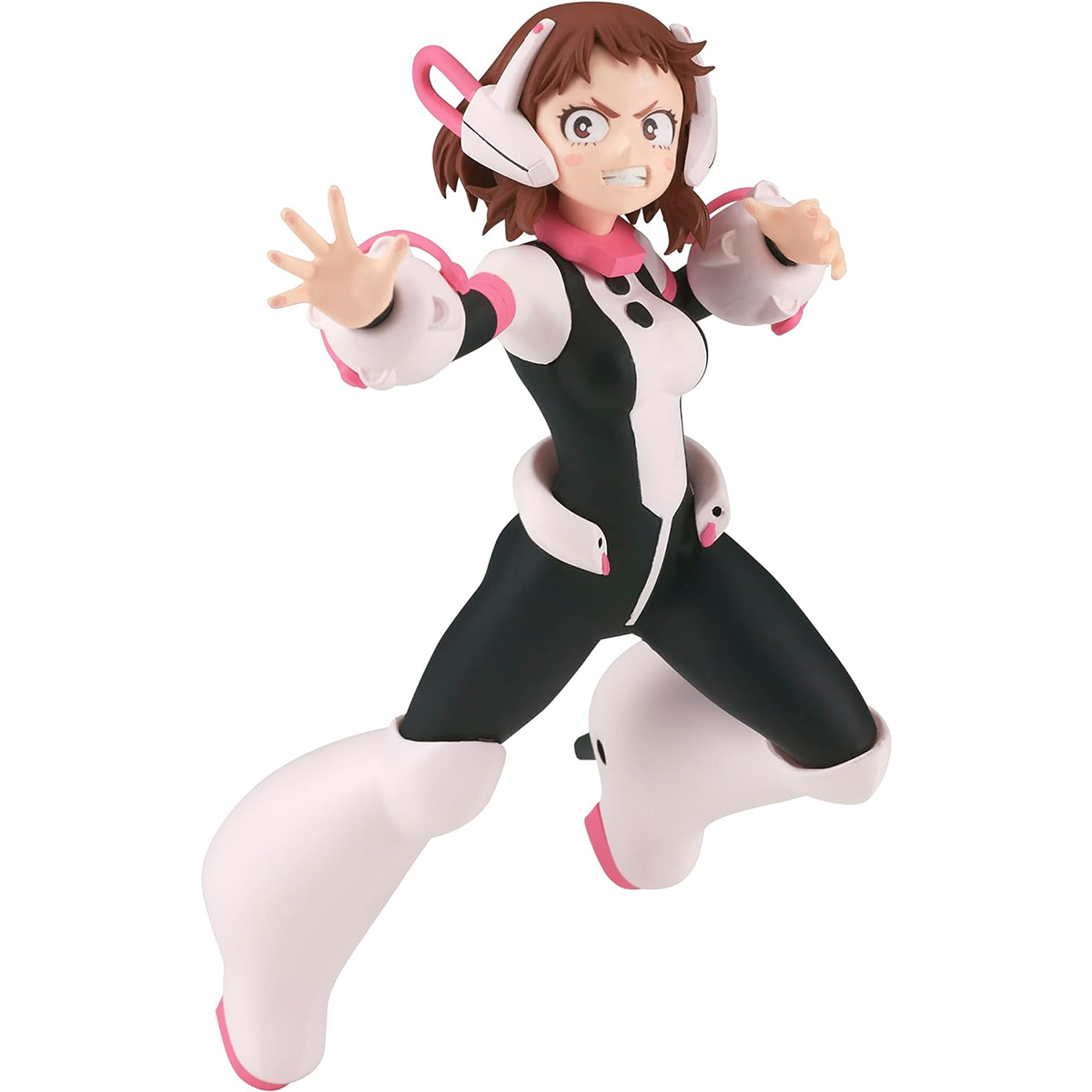 Anime-Figur, Ochaco Uraraka. Rosa-schwarzes Outfit. Weißer Hintergrund.