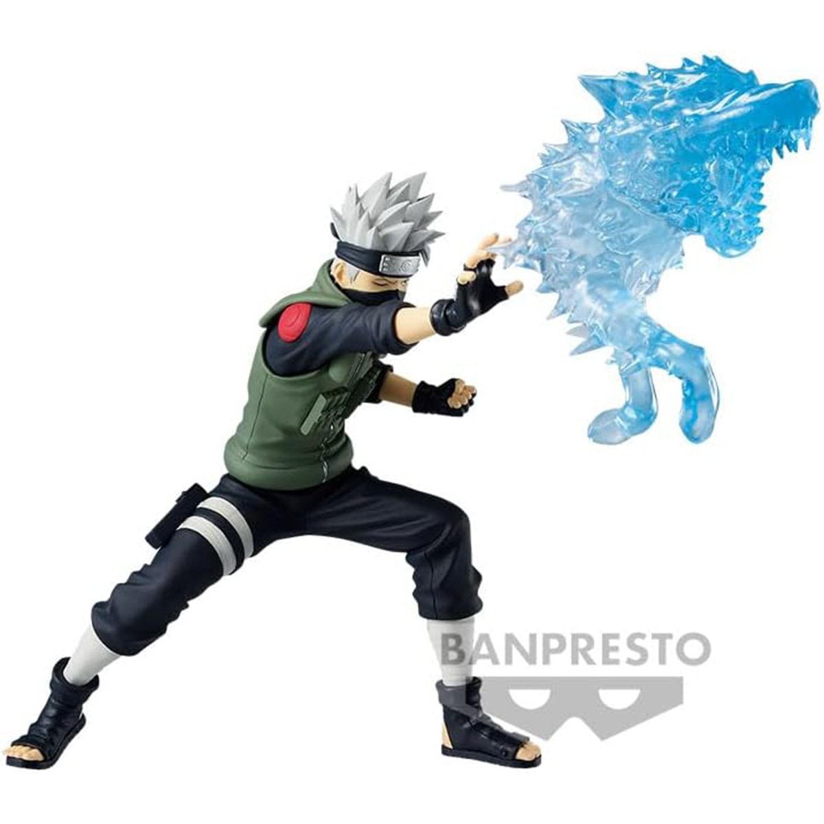 Actionfigur einer Manga-Figur mit blauem Energieeffekt. Weißer Hintergrund.