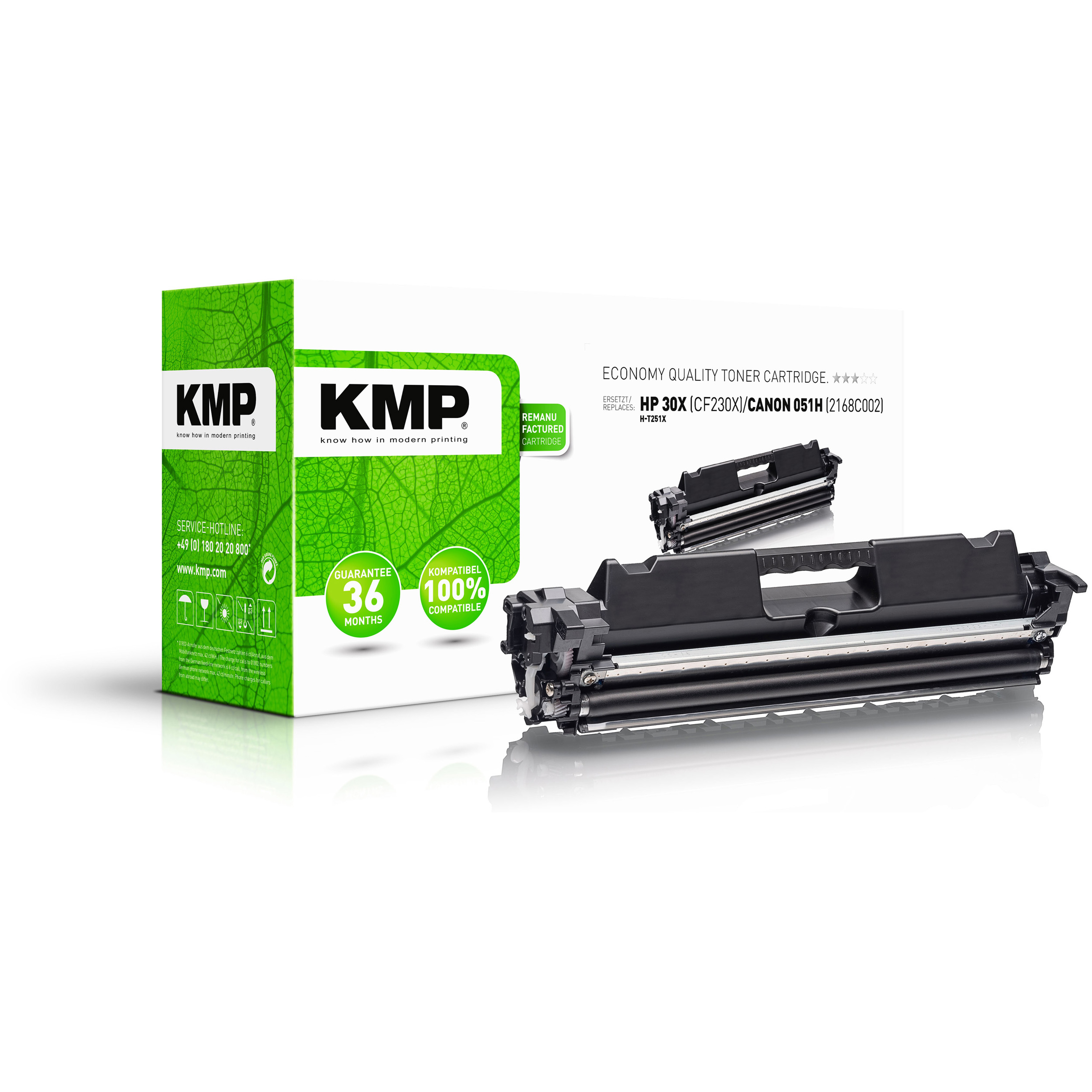 Scatola e cartuccia toner KMP. Scatola verde e bianca, cartuccia nera. Sfondo bianco.