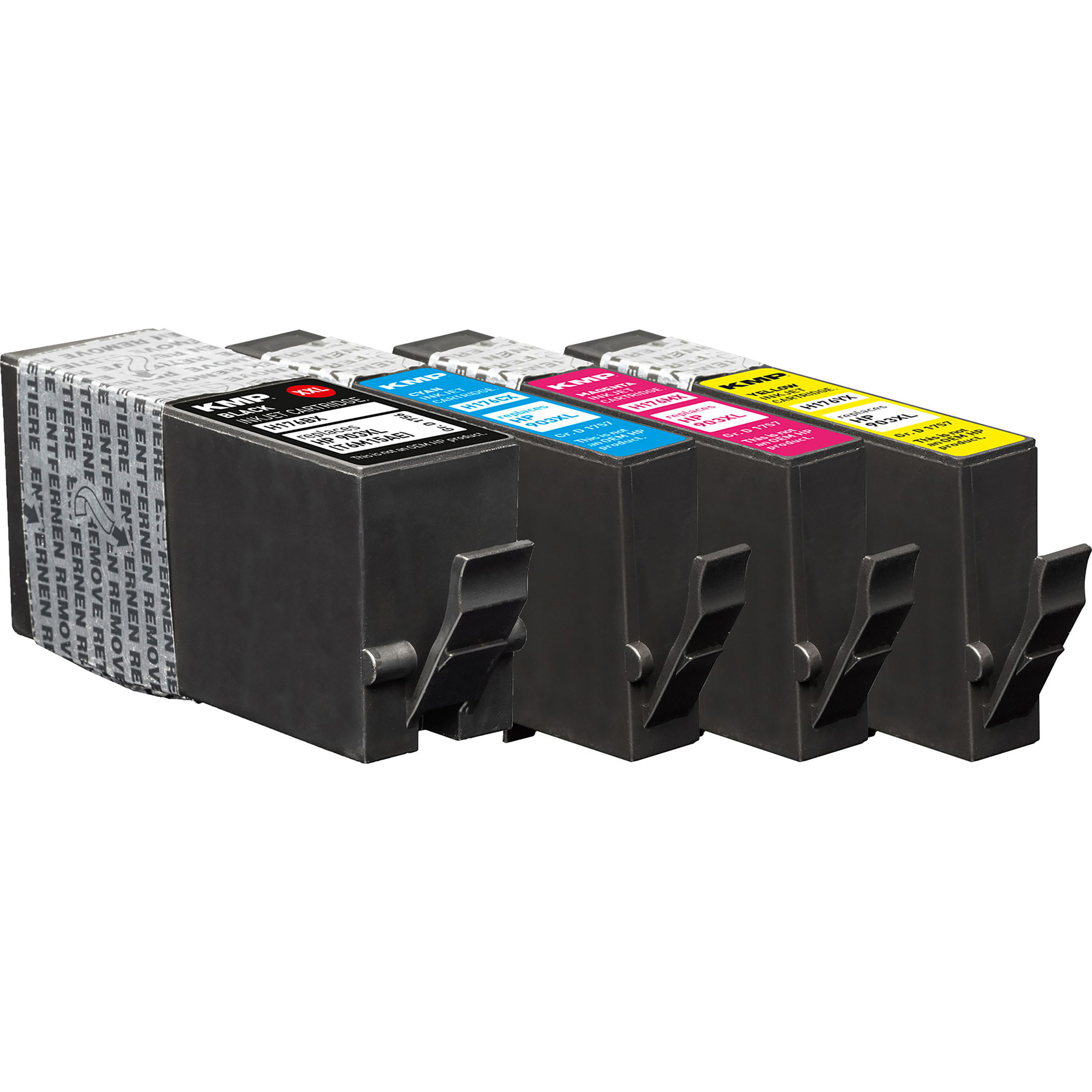 Sono visibili quattro cartucce d'inchiostro KMP, in confezione nera, con etichette di diversi colori.