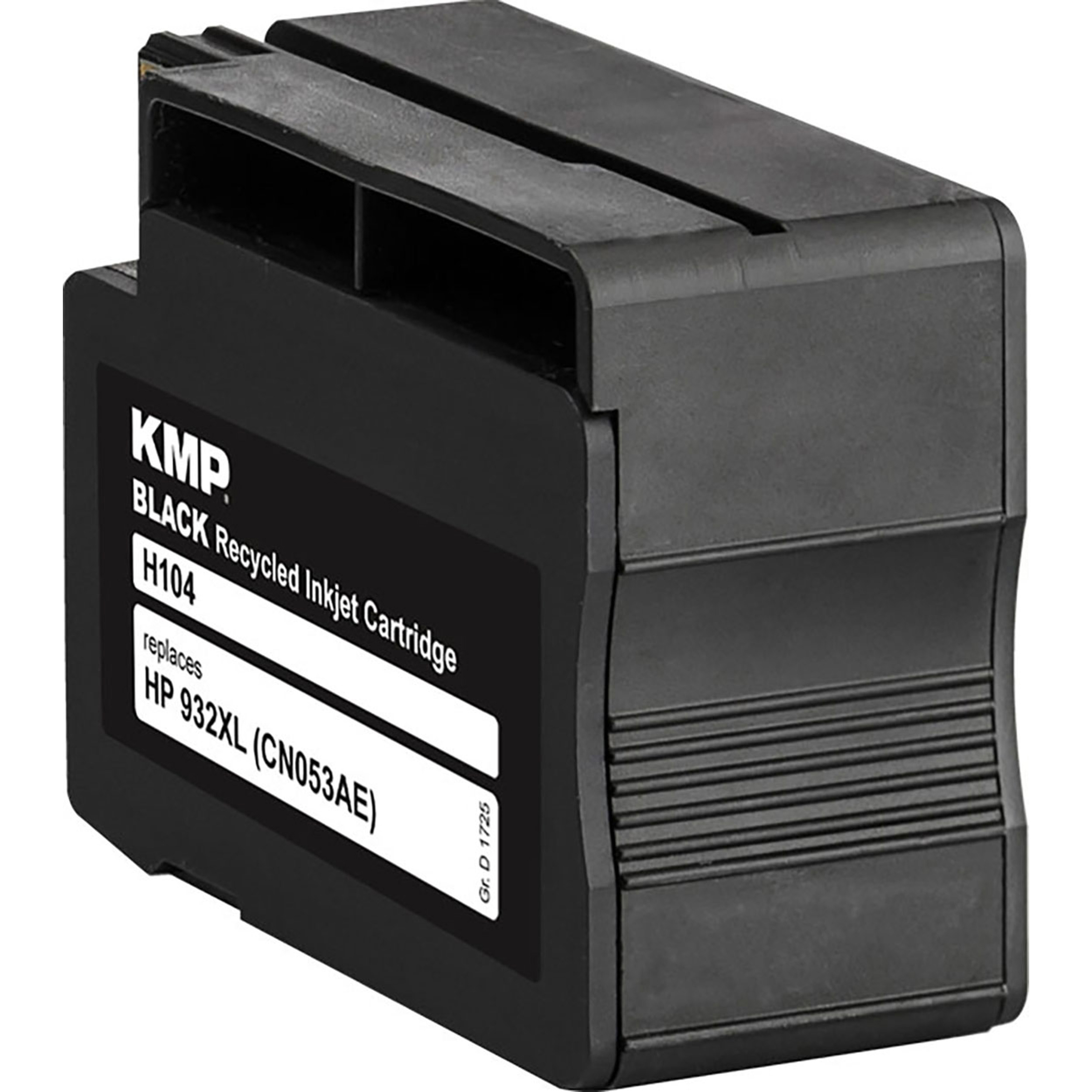 Una cartuccia d'inchiostro nera con un'etichetta. Il testo dice KMP, Black Recycled Inkjet Cartridge.