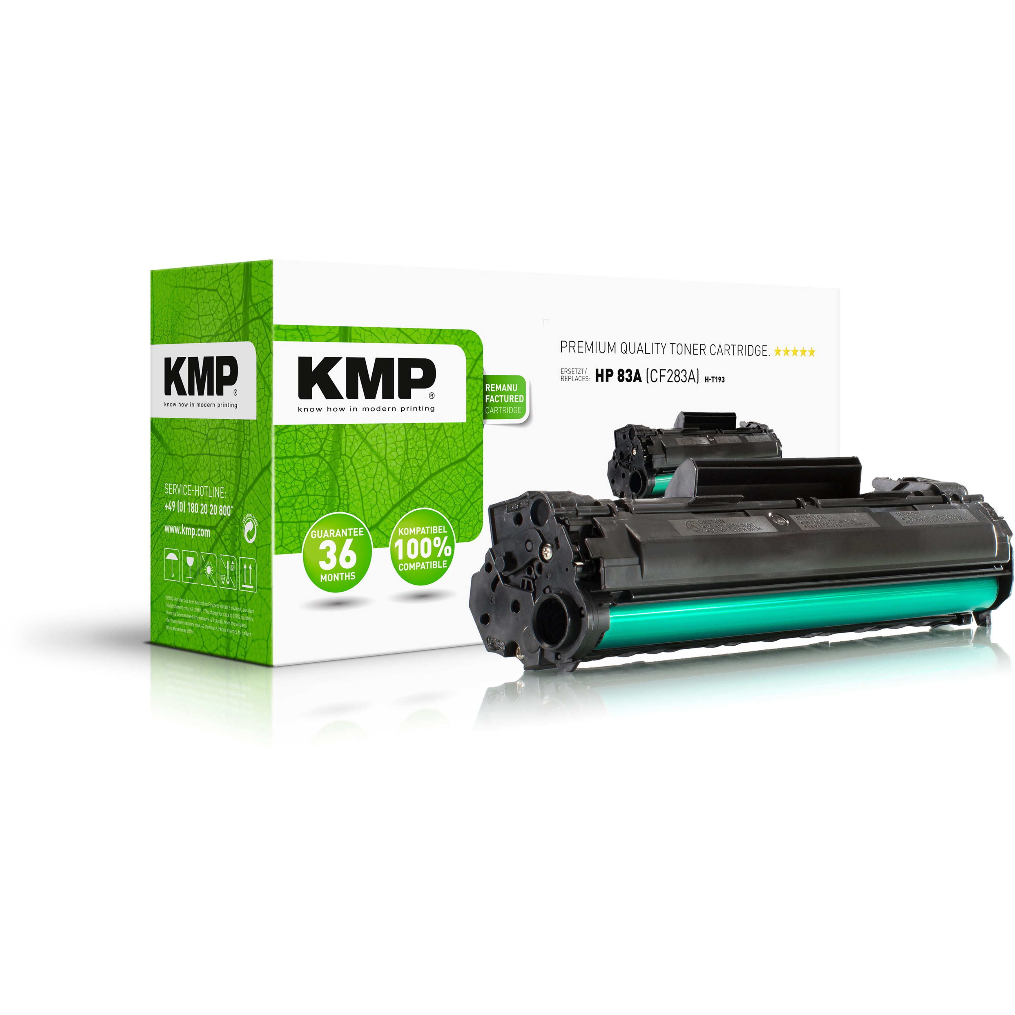 Due cartucce toner KMP HP 83A. Una è all'interno di una scatola con un design a foglie verdi.